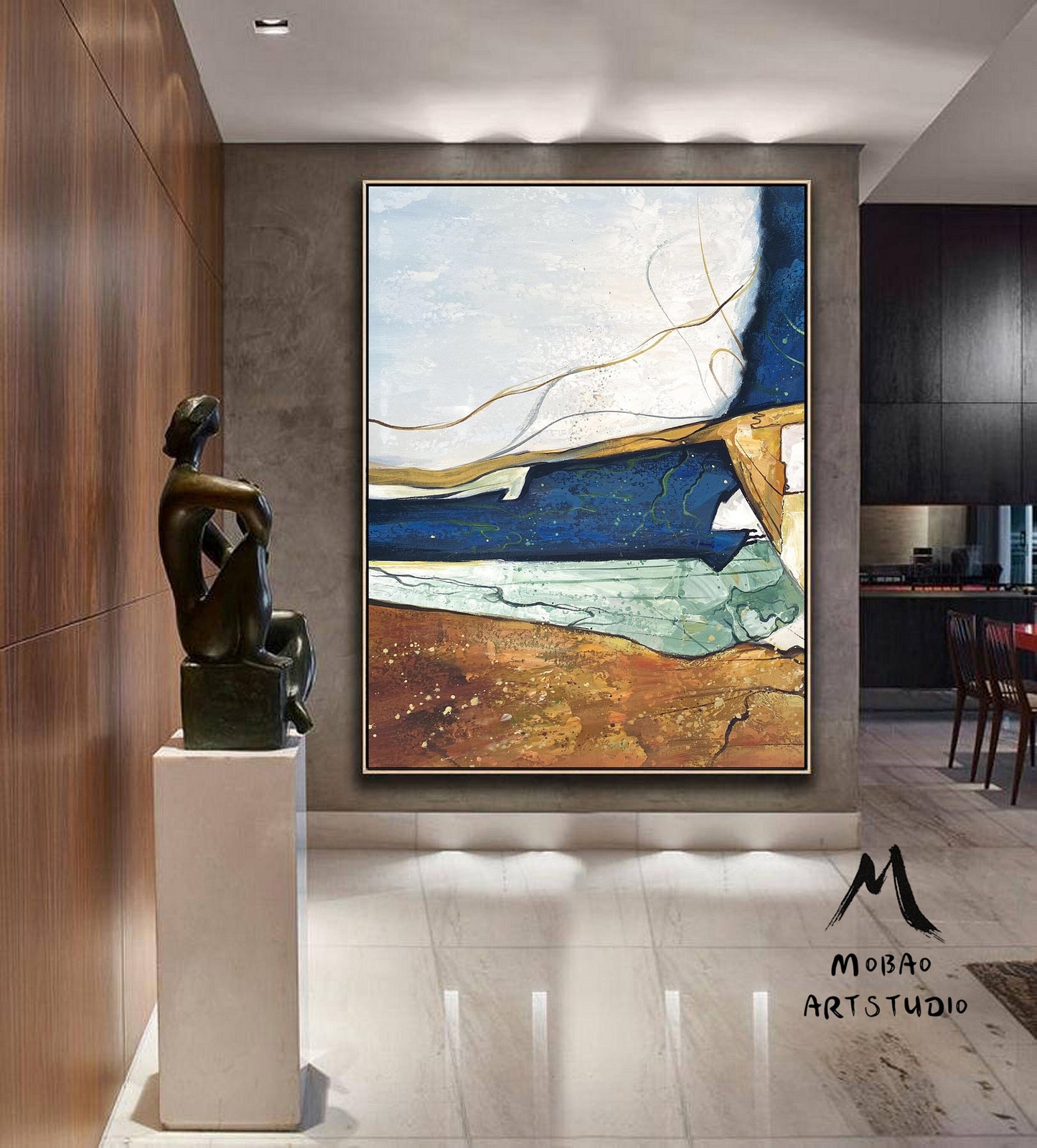 Large Blue Abstract painting Blue Minimalism Painting Beige Wall Art Beige Canvas Painting Gold Abstract Art Gold Canvas Wall Art Painting