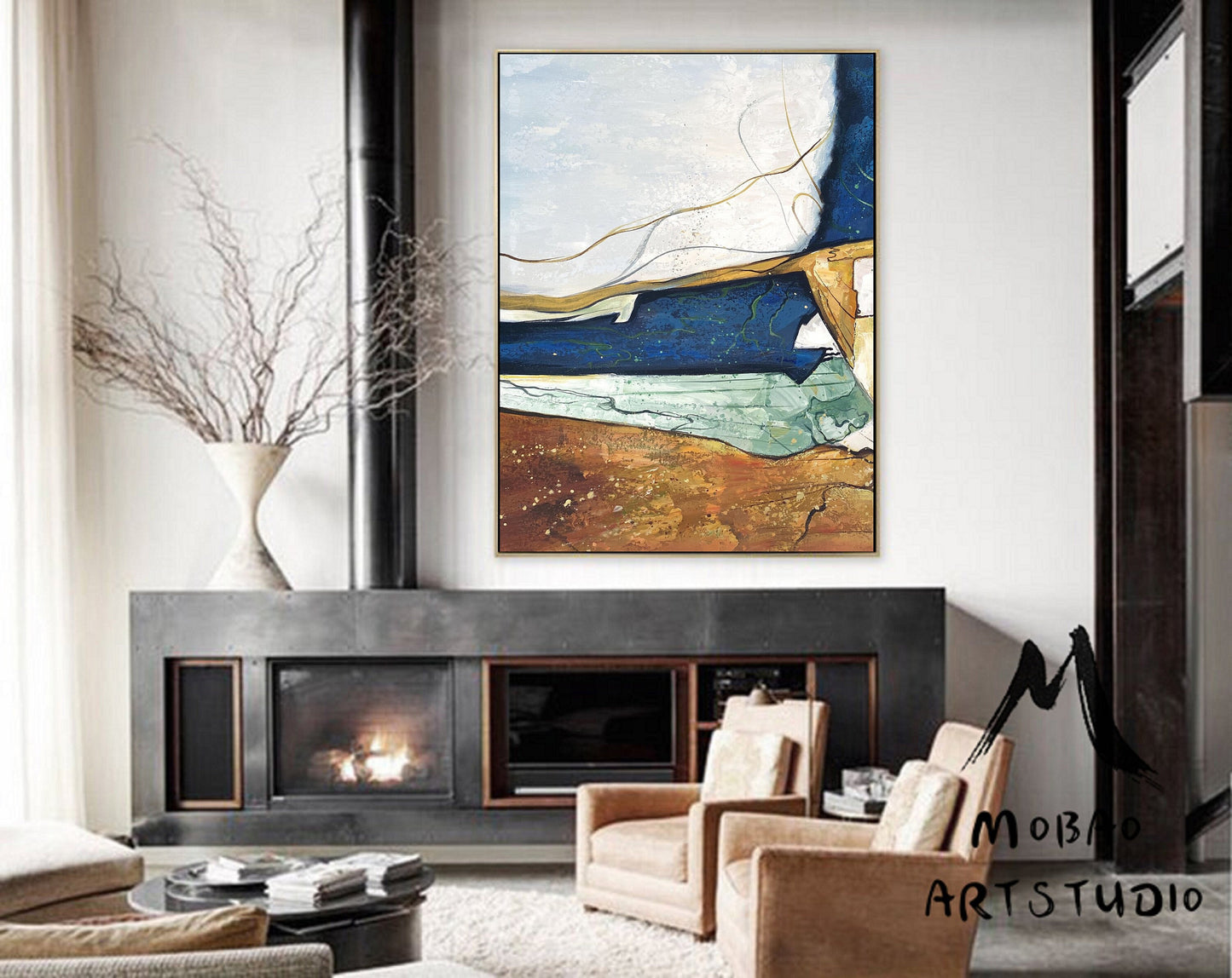 Large Blue Abstract painting Blue Minimalism Painting Beige Wall Art Beige Canvas Painting Gold Abstract Art Gold Canvas Wall Art Painting