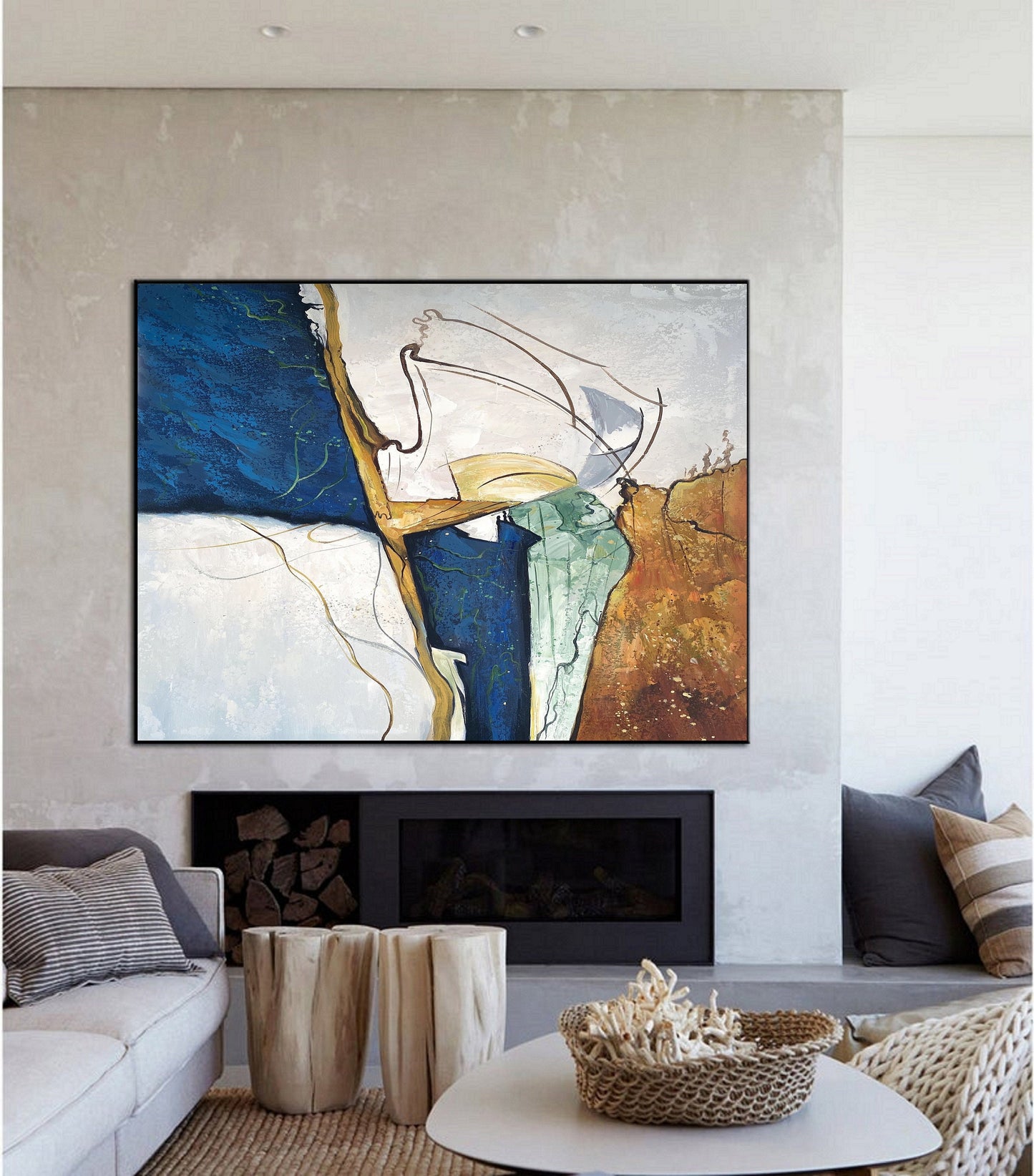 Large Gold Abstract Painting,Original Blue Abstract Painting,Minimalist Abstract Painting,Beige Painting Large Sofa Wall Canvas Oil Painting