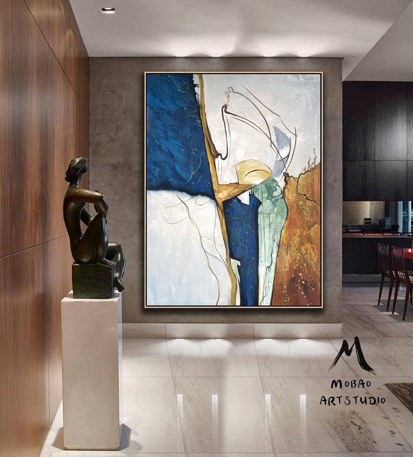 Begie Minimalist Abstract Painting,Original Abstract Painting,Gold Painting Navy Blue Painting,Large Abstract Painting,Large Canvas Painting
