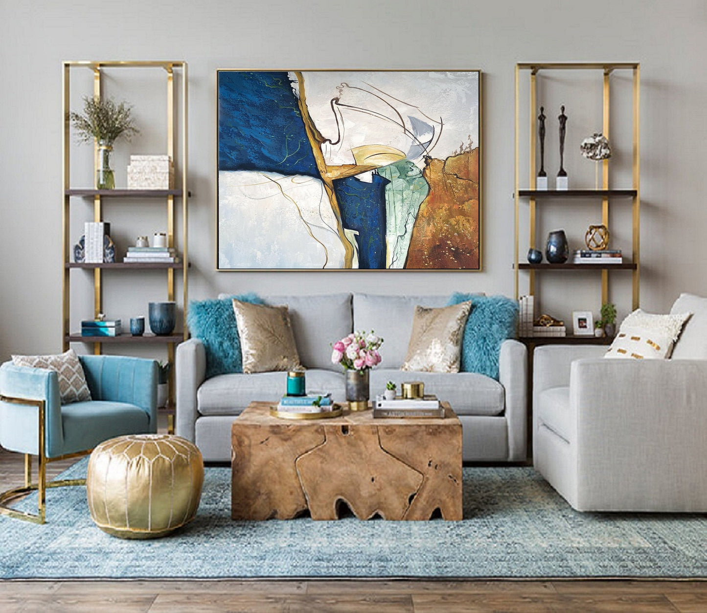 Large Gold Abstract Painting,Original Blue Abstract Painting,Minimalist Abstract Painting,Beige Painting Large Sofa Wall Canvas Oil Painting