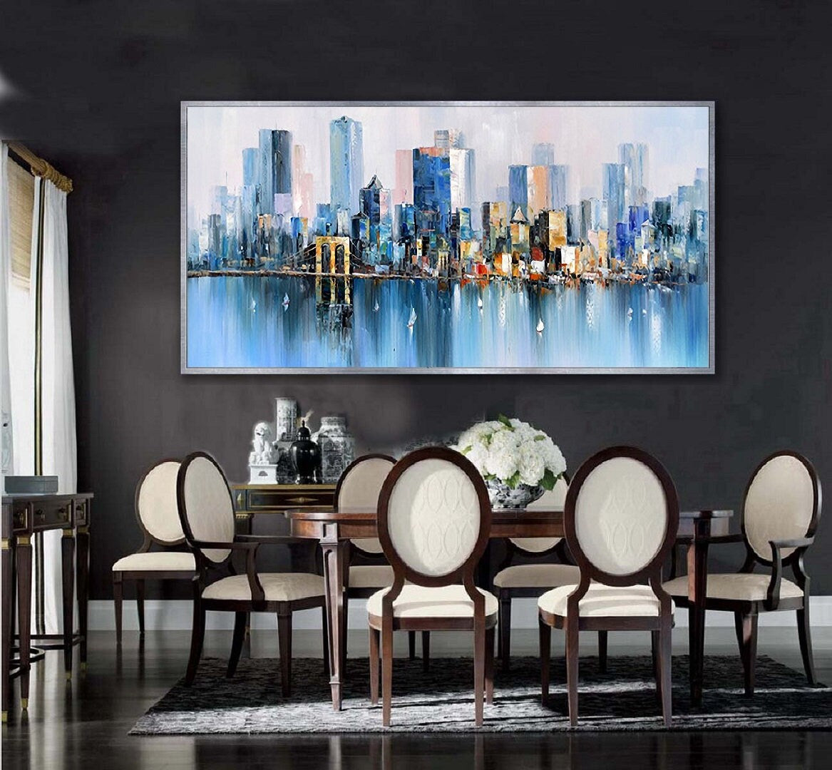 Large Urban Abstract painting, Blue Landscape Abstract Painting, New York City Landscape painting, Original city art painting,Large well art