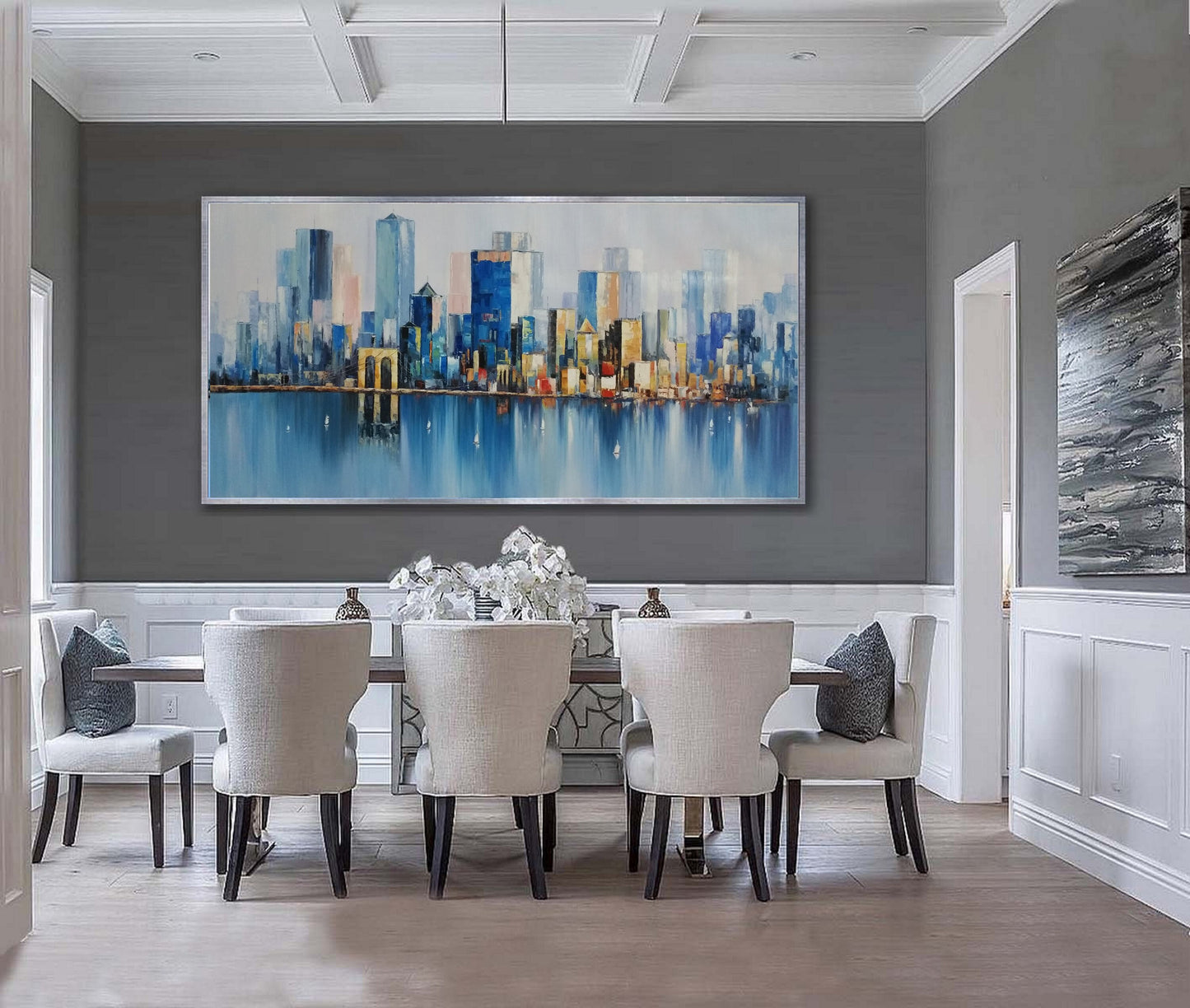 Large Urban Abstract painting, Blue Landscape Abstract Painting, New York City Landscape painting, Original city art painting,Large well art