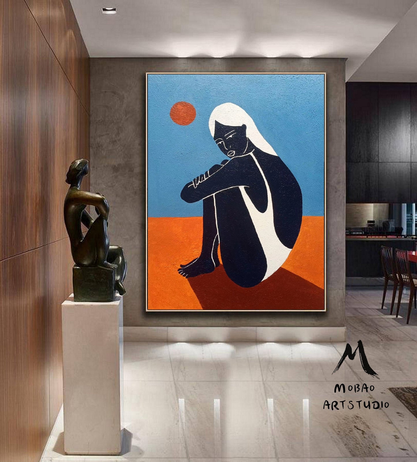 Large Abstract Painting Original, Minimalist Art Abstract Painting, Black Women Art Painting Blue Abstract Painting, Large Sofa Wall Art