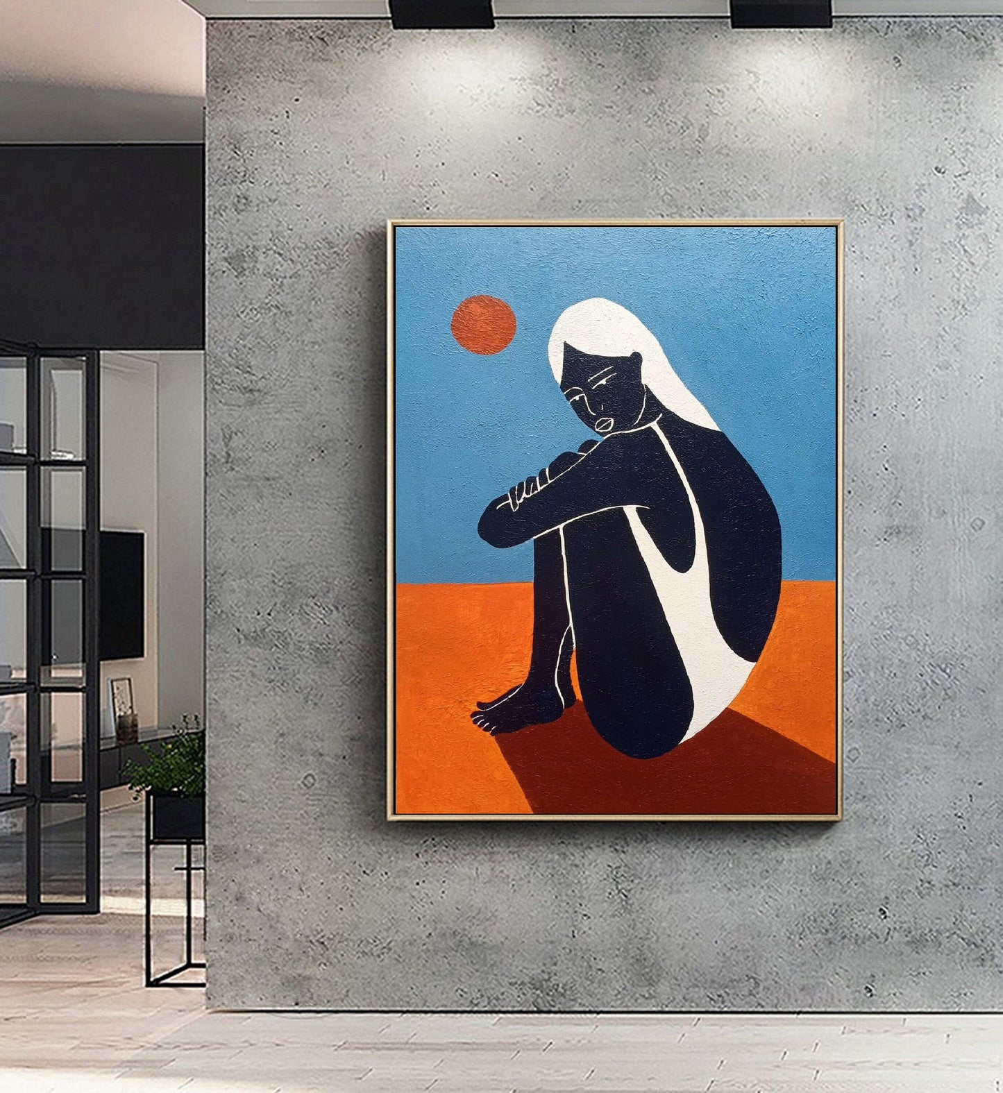 Large Abstract Painting Original, Minimalist Art Abstract Painting, Black Women Art Painting Blue Abstract Painting, Large Sofa Wall Art