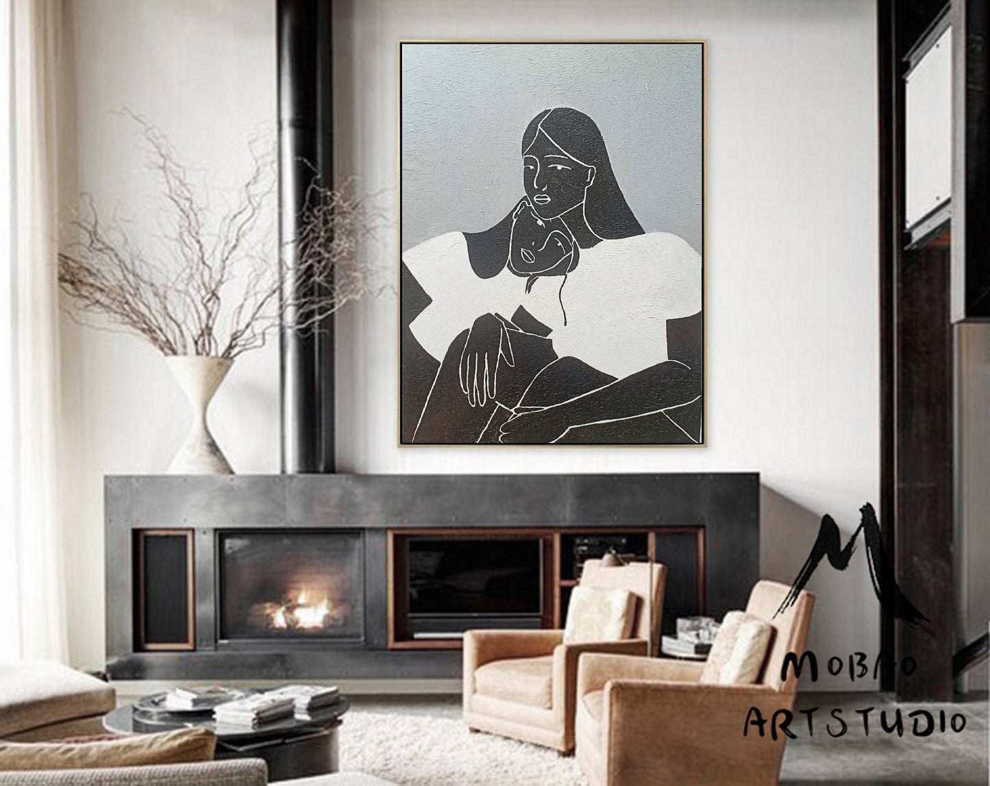 Large Black and White Abstract Painting, Black Women Abstract Painting Original,Minimalist Art,Gray Abstract Painting, Large Living Room Art