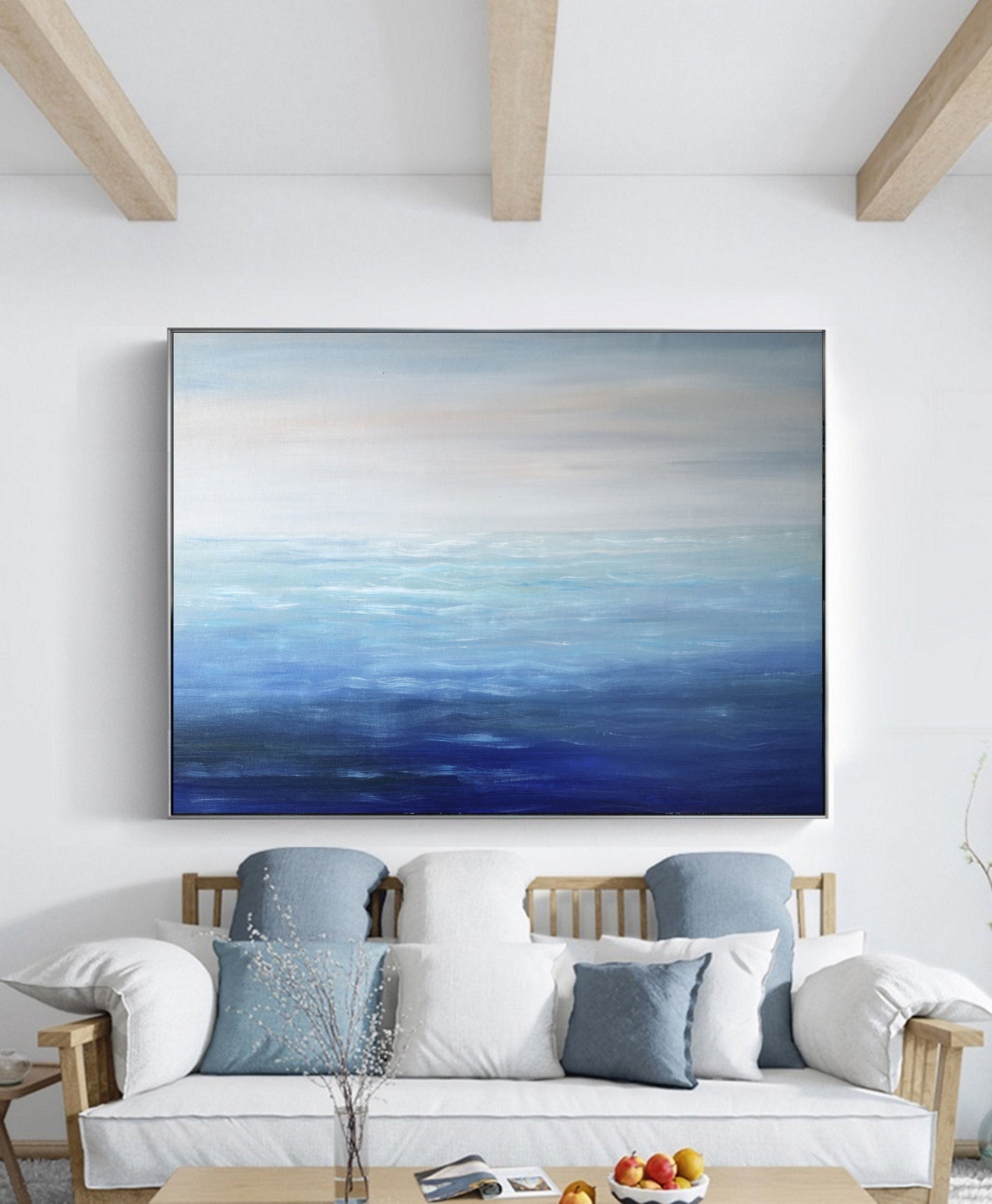 Large Blue Sea Abstract Art, Light Blue Ocean Abstract Painting,Sea Wave Abstract Canvas Oil Painting,Beige Sky Abstract Landscape Painting