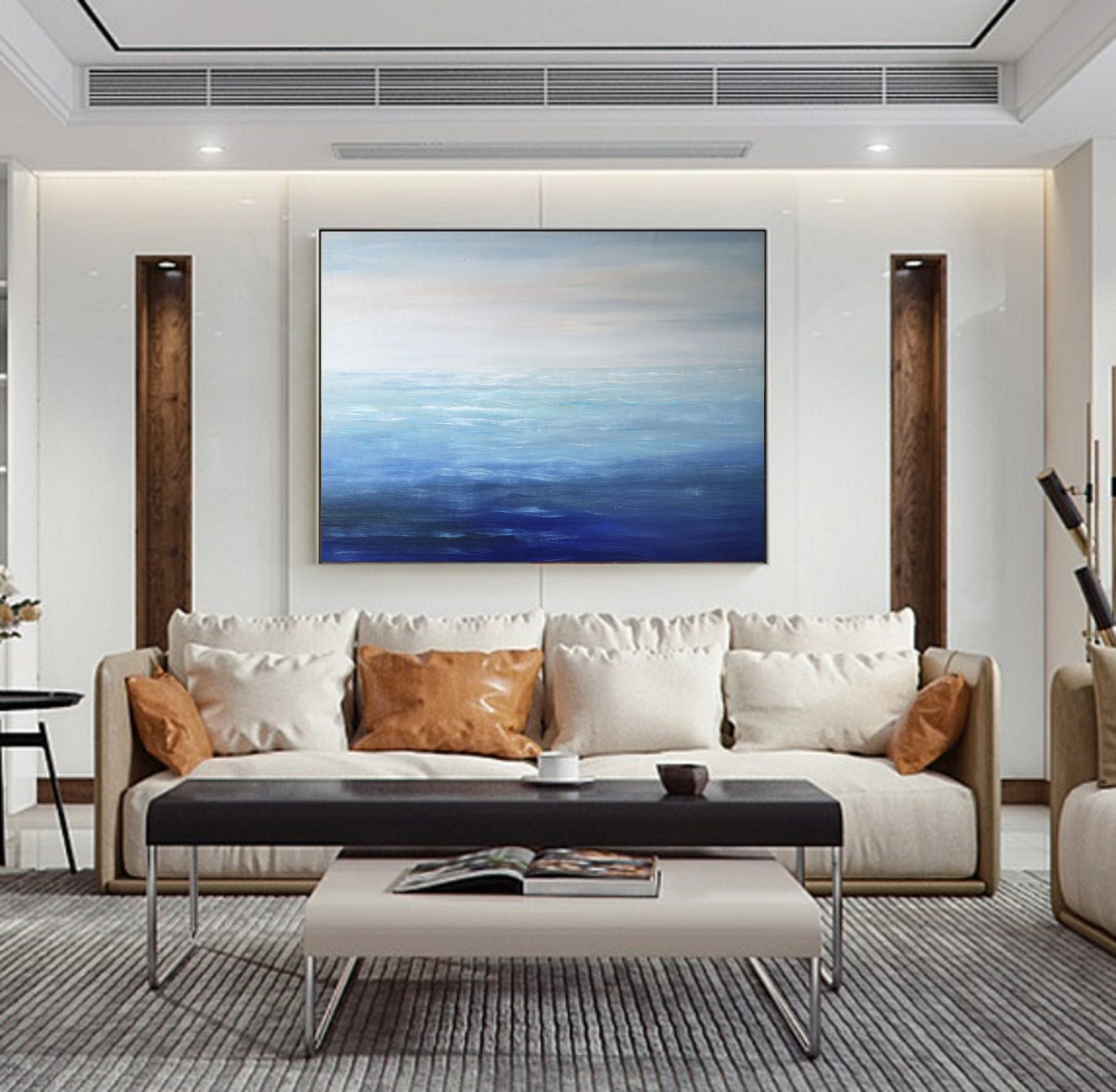 Large Blue Sea Abstract Art, Light Blue Ocean Abstract Painting,Sea Wave Abstract Canvas Oil Painting,Beige Sky Abstract Landscape Painting