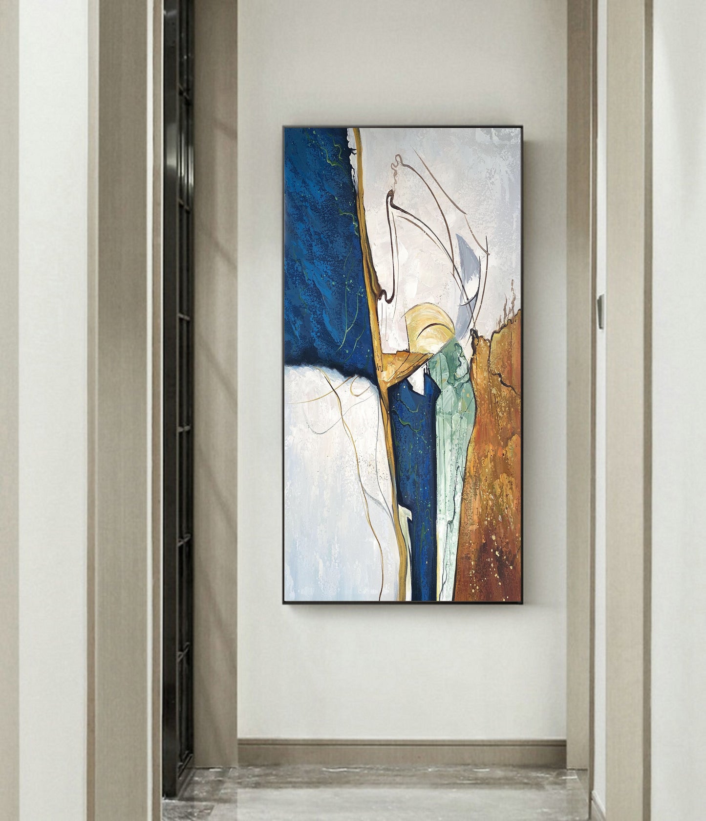 Large Blue Abstract painting Beige Wall Art Beige Canvas Painting Gold Abstract Art Blue Minimalism Painting Gold Canvas Wall Art Painting