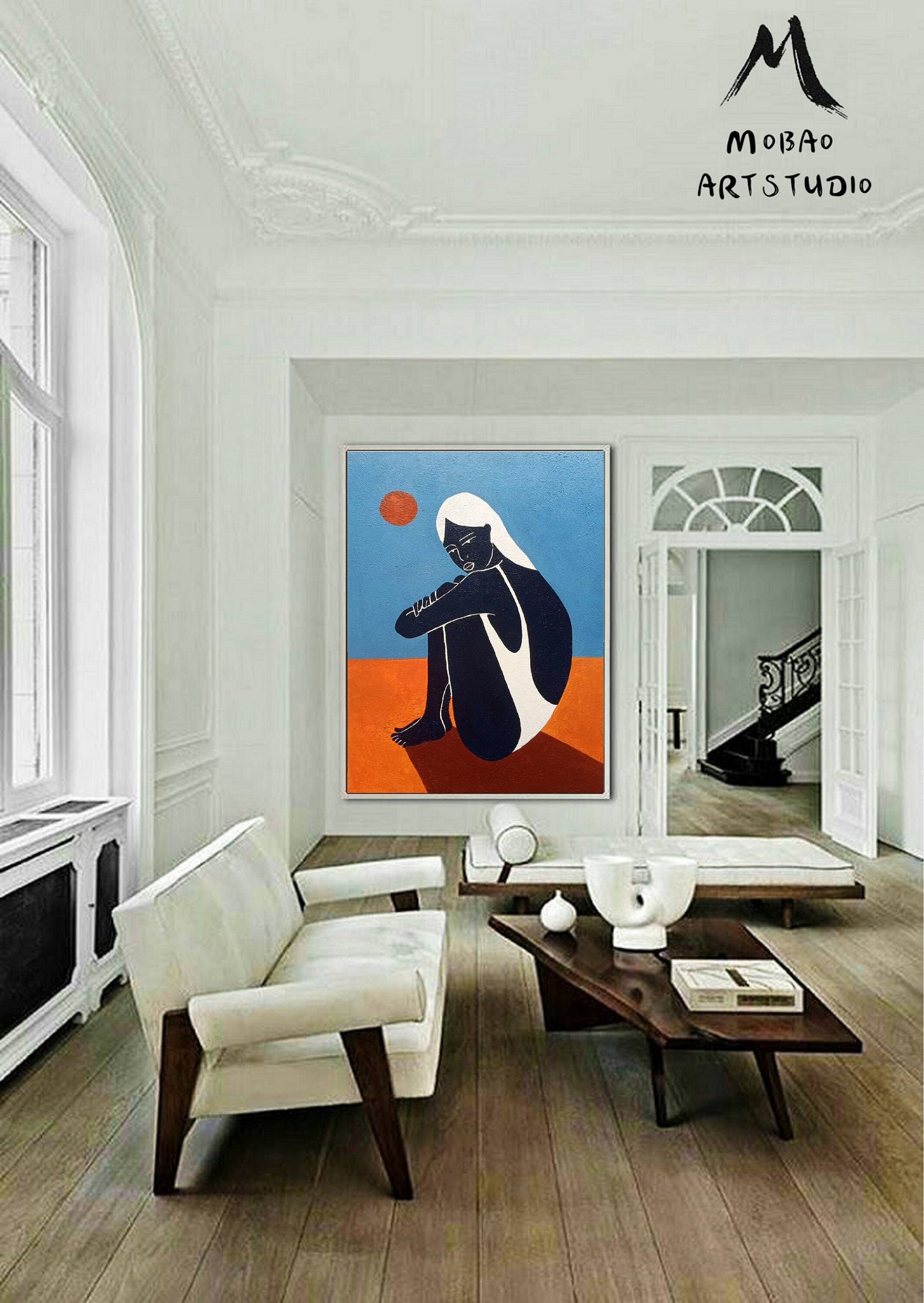 Large Abstract Painting Original, Minimalist Art Abstract Painting, Black Women Art Painting Blue Abstract Painting, Large Sofa Wall Art