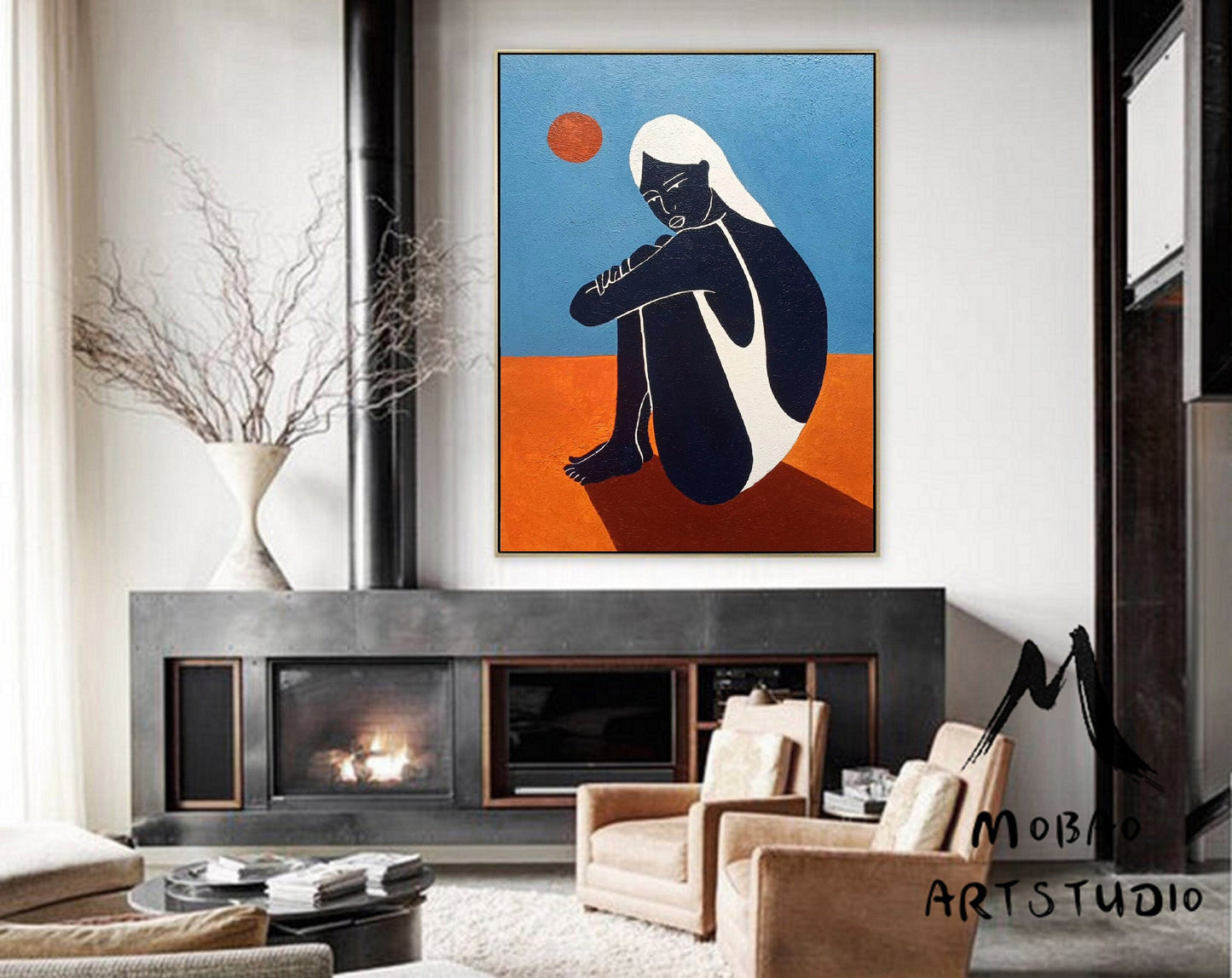 Large Abstract Painting Original, Minimalist Art Abstract Painting, Black Women Art Painting Blue Abstract Painting, Large Sofa Wall Art