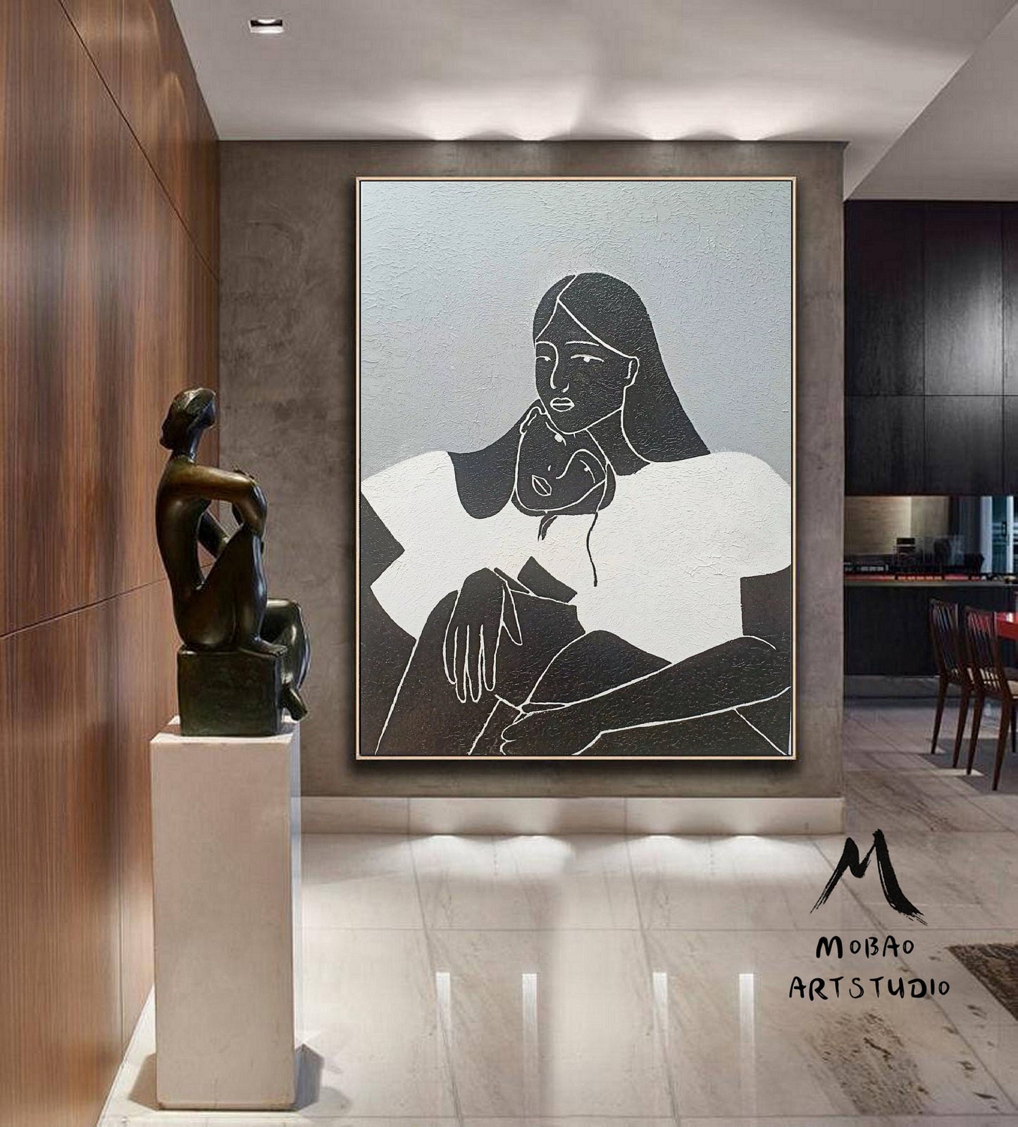 Large Black and White Abstract Painting, Black Women Abstract Painting Original,Minimalist Art,Gray Abstract Painting, Large Living Room Art