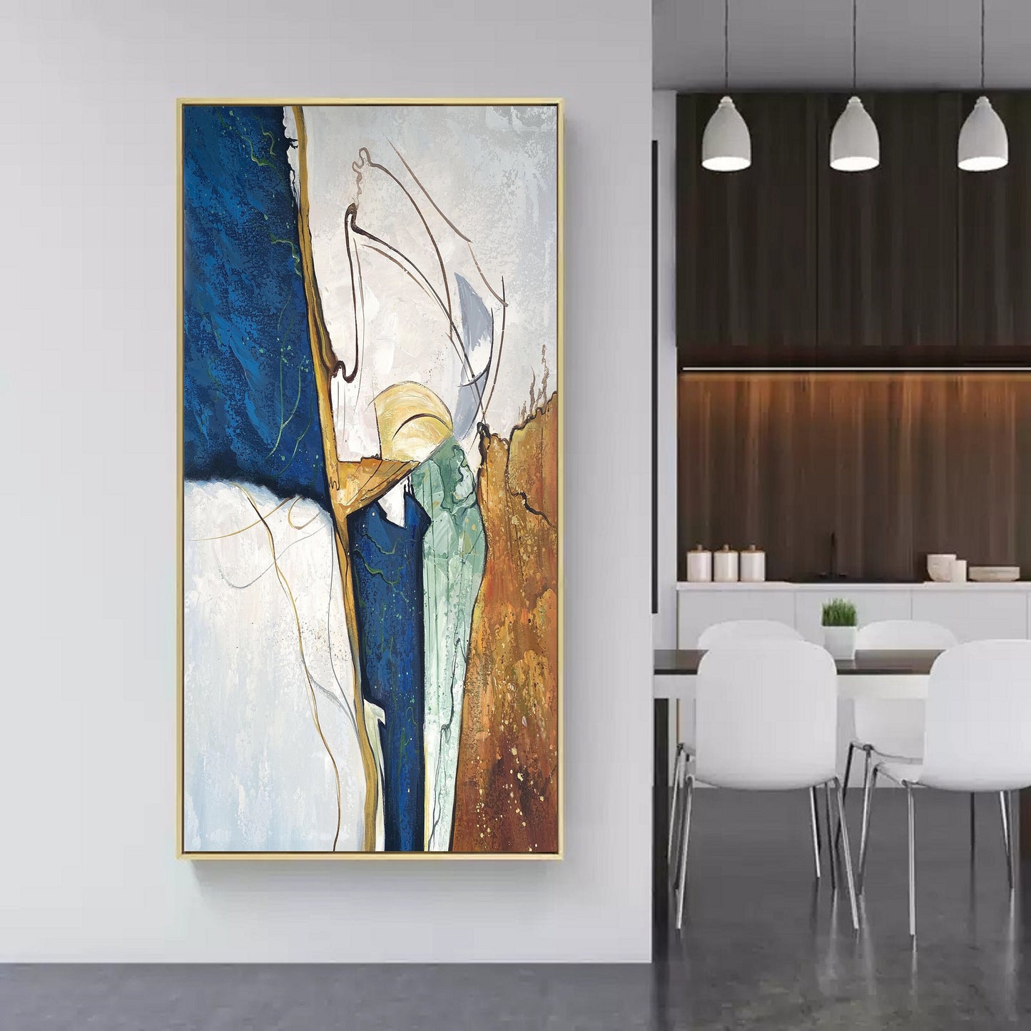 Large Blue Abstract painting Beige Wall Art Beige Canvas Painting Gold Abstract Art Blue Minimalism Painting Gold Canvas Wall Art Painting