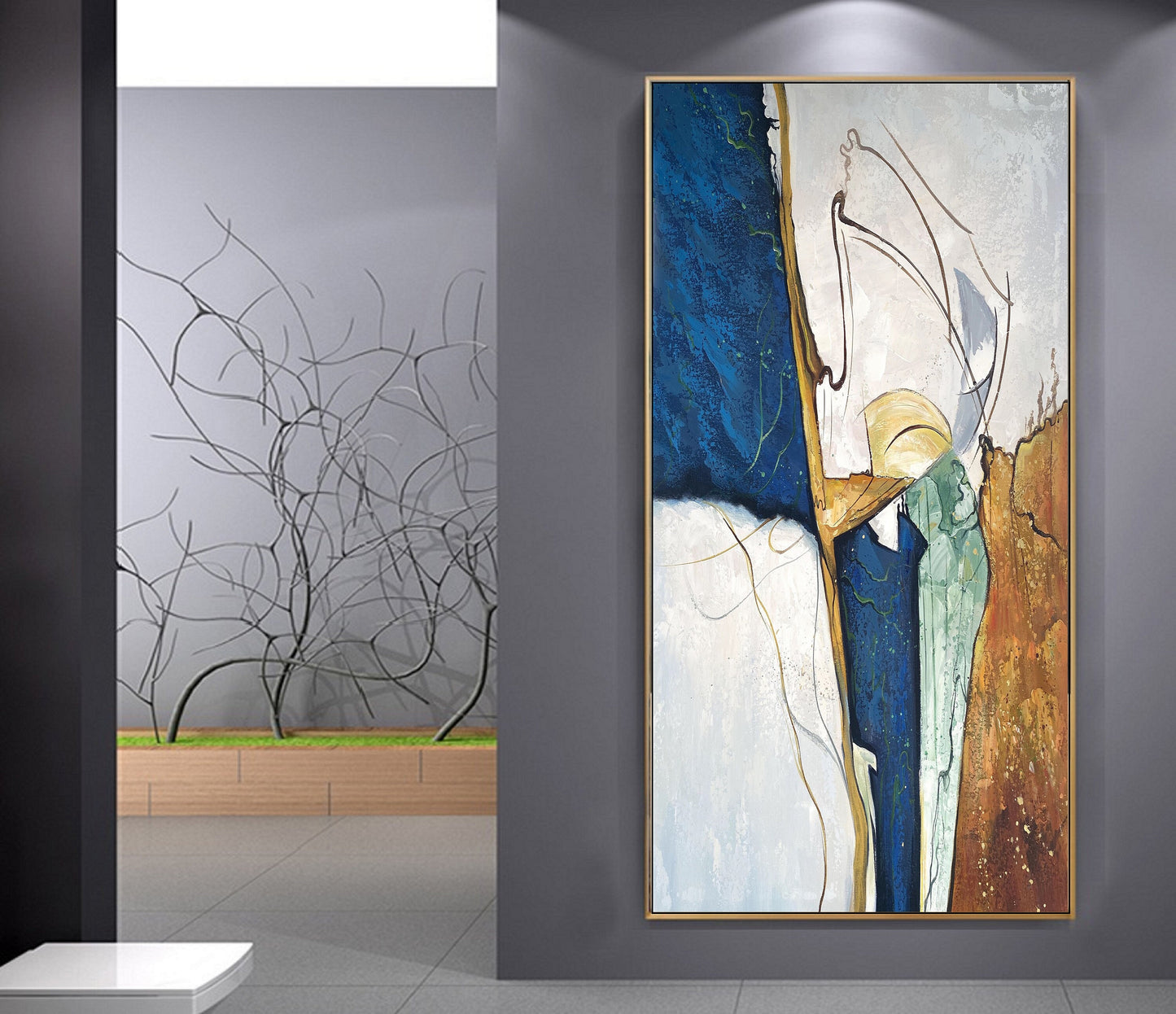 Large Blue Abstract painting Beige Wall Art Beige Canvas Painting Gold Abstract Art Blue Minimalism Painting Gold Canvas Wall Art Painting