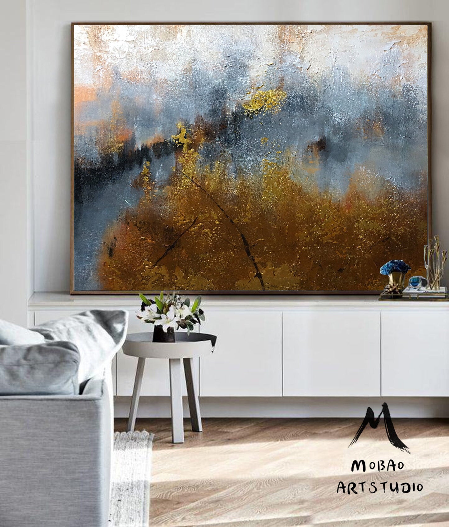 Large Abstract Painting, Large Gray Painting Gold Abstract Art Extra Large Painting on Canvas,Contemporary Art,Golden large texture painting
