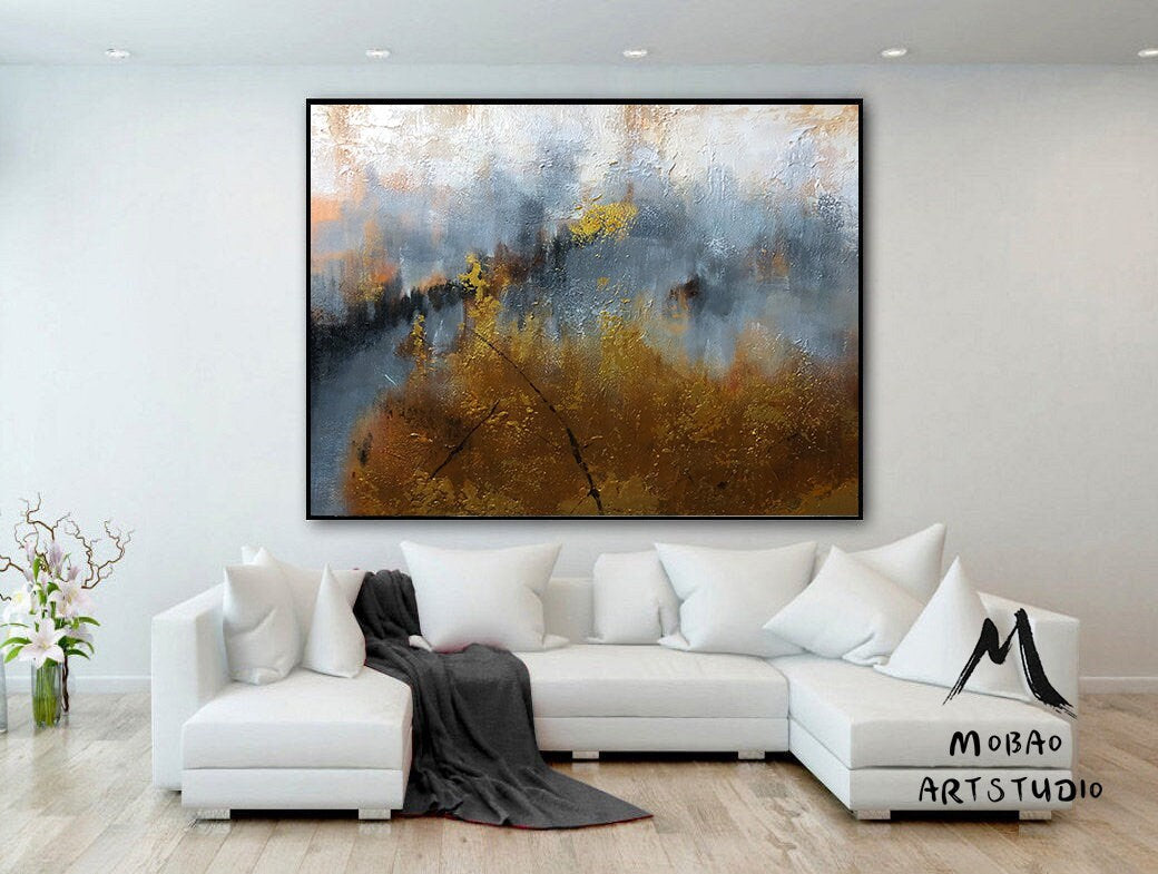 Large Abstract Painting, Large Gray Painting Gold Abstract Art Extra Large Painting on Canvas,Contemporary Art,Golden large texture painting