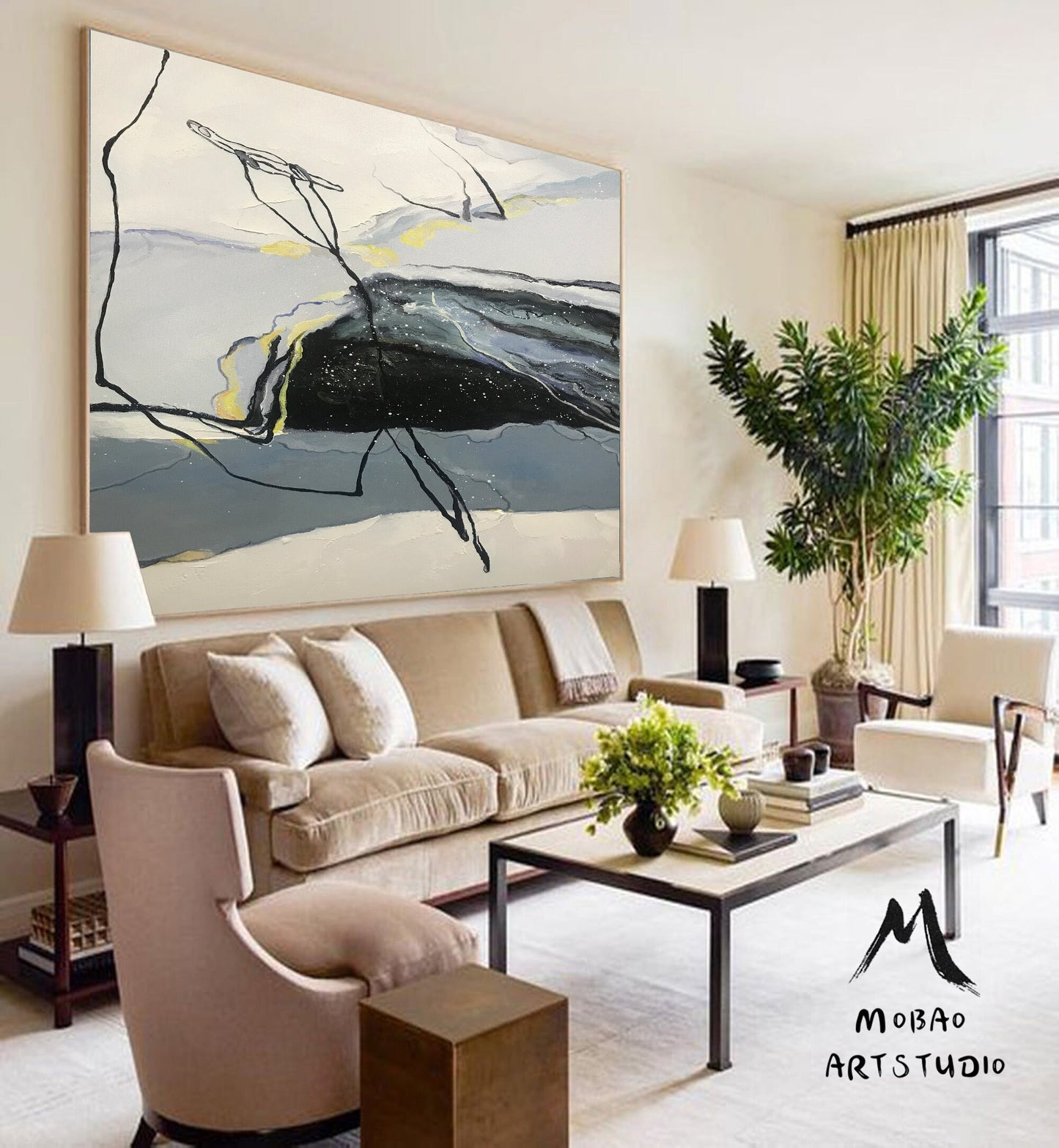 Large Abstract Painting,Original Black Painting Gray Painting, Minimalist Abstract Painting,Abstract Painting,Contemporary Art,Sofa wall art