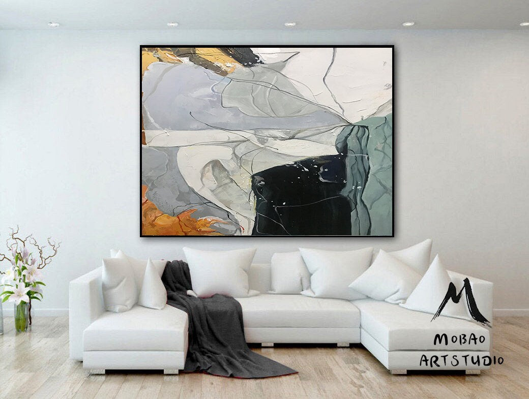 Large Abstract Painting,Original Green Painting Gray Painting, Minimalist Abstract Painting,Abstract Painting,Contemporary Art,Sofa wall art