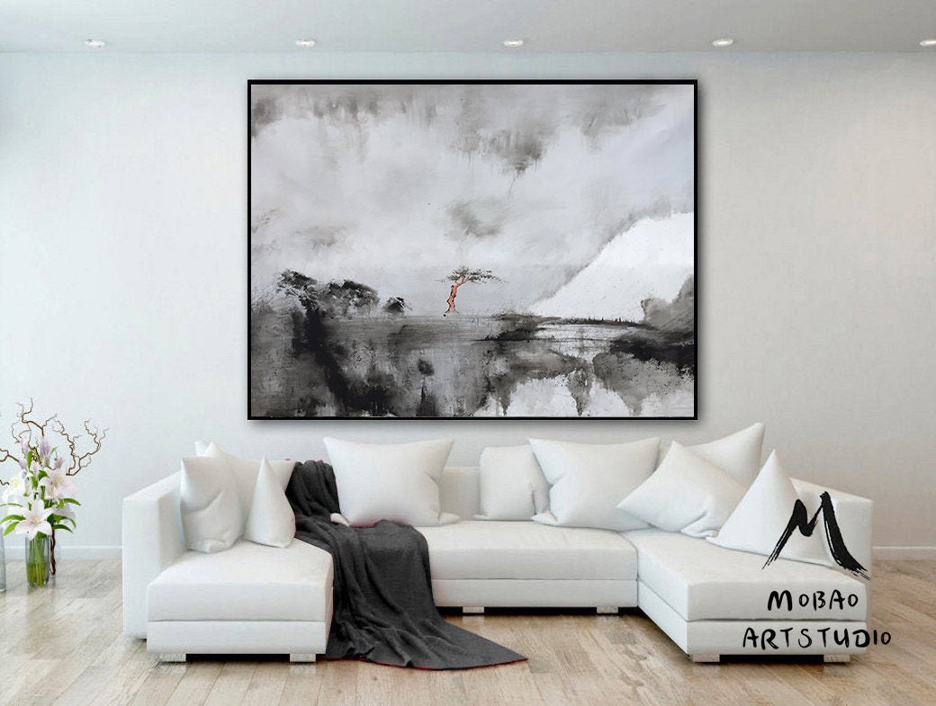 Large Abstract Painting On Canvas,White Painting Gray Painting Abstract Painting,Lagre Rural Landscape Painting,Abstract Art,Wall Art Decor