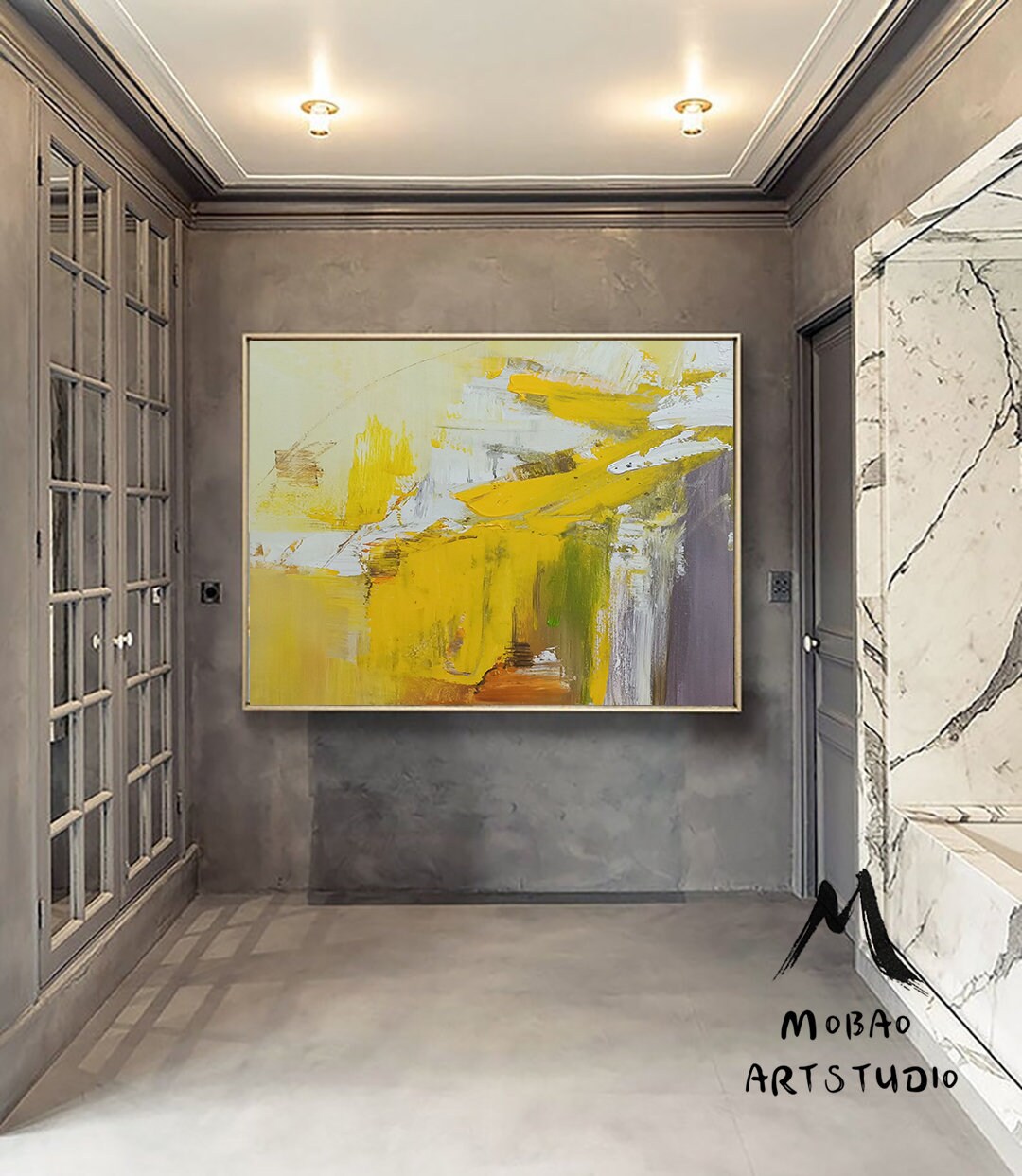 Large Original Yellow Textured Abstract Painting,White Abstract Art,Modern Handmade Abstract Painting,Contemporary Art,Office Wall Art