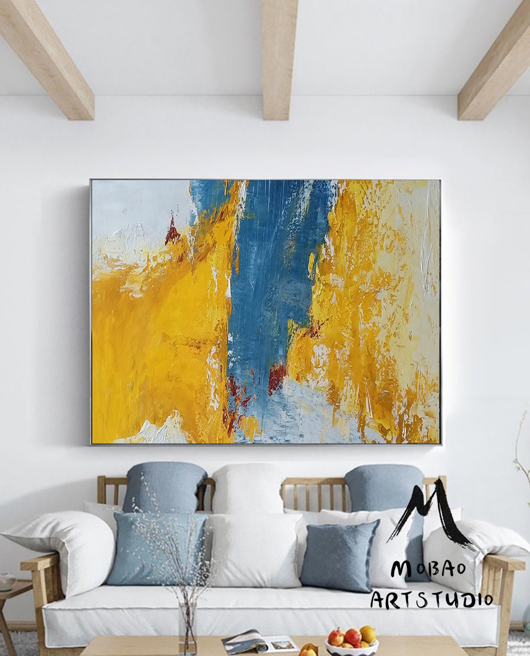 Large Wall Yellow Abstract Painting, Blue Abstract Painting, Textured Abstract Painting, Original Minimalist Style Painting,Contemporary Art