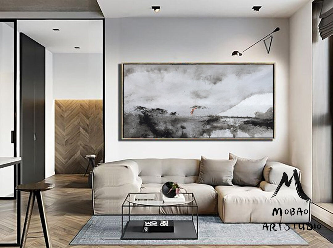 Large Rural Landscape Original Abstract Painting, Black White Abstract Painting, Large Canvas Painting,Minimalist Abstract, Contemporary art