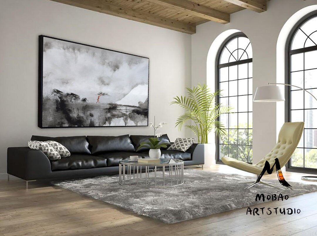 Large Rural Landscape Original Abstract Painting, Black White Abstract Painting, Large Canvas Painting,Minimalist Abstract, Contemporary art
