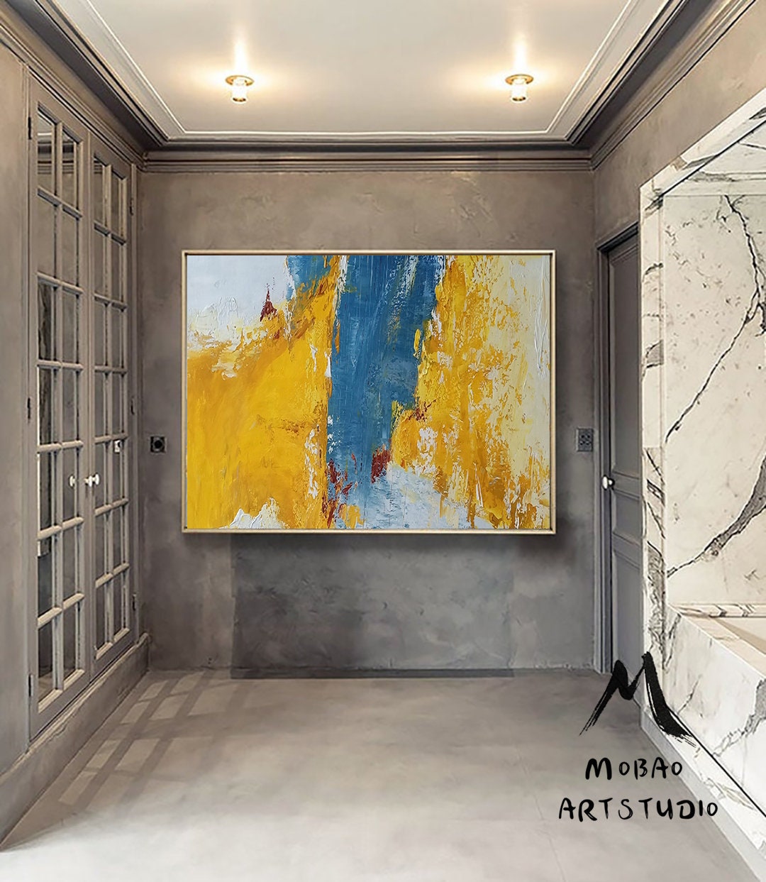 Large Wall Yellow Abstract Painting, Blue Abstract Painting, Textured Abstract Painting, Original Minimalist Style Painting,Contemporary Art