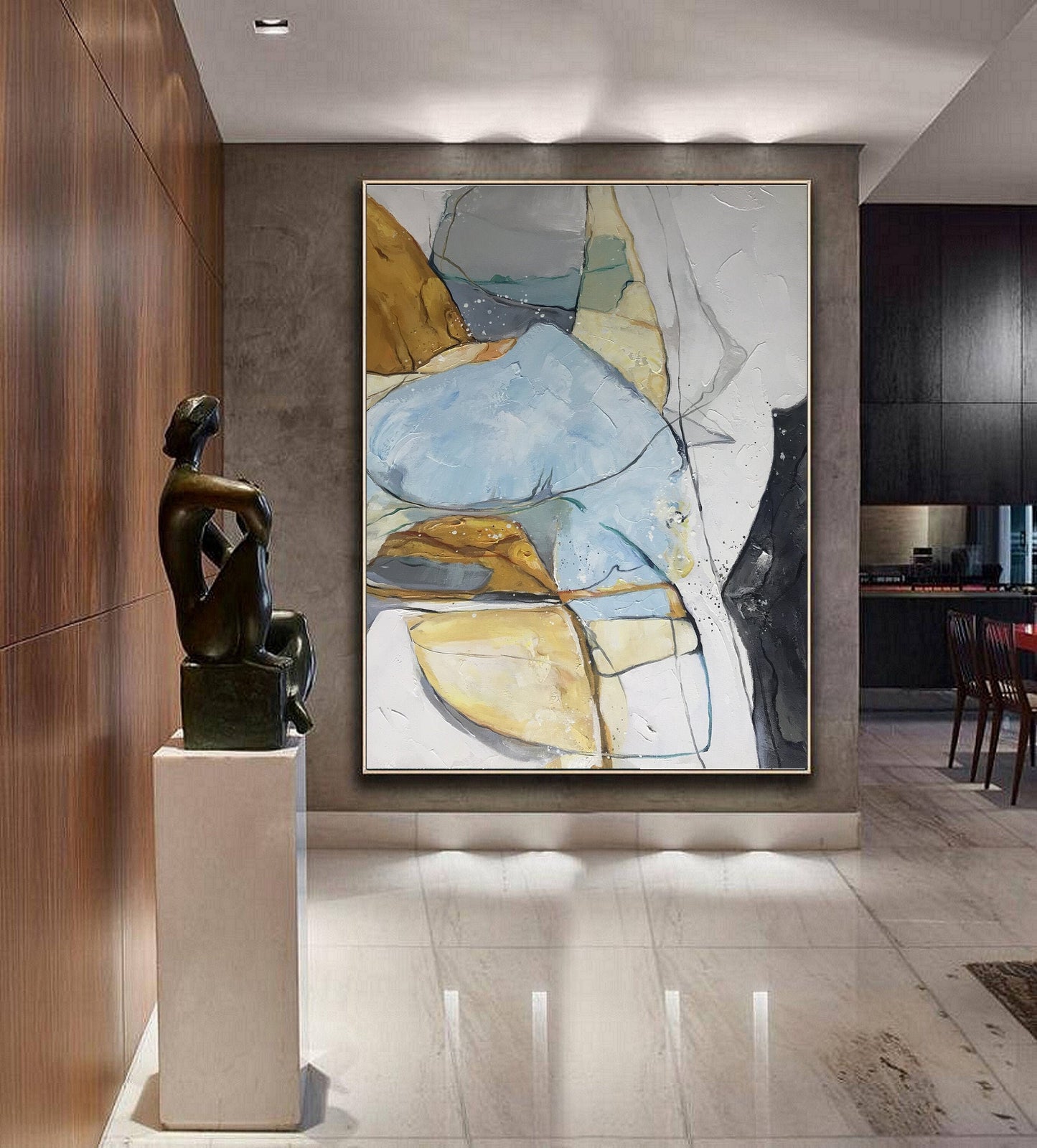 Large Minimalist Abstract Art, Gold Painting Blue Painting, Minimalist Abstract Painting,Original Abstract Painting,Large Canvas Painting