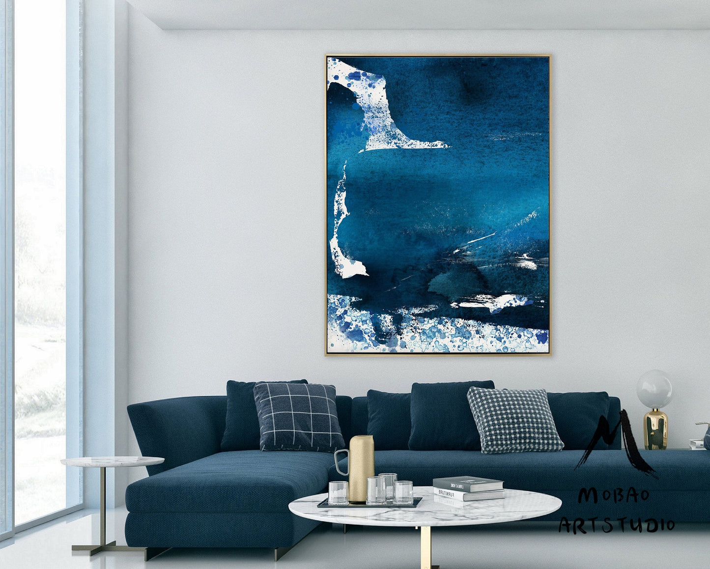 Large Blue Abstract Painting, White Painting Ocean Painting, Contemporary Art, Large Abstract Painting, Original Canvas Living Room Wall Art