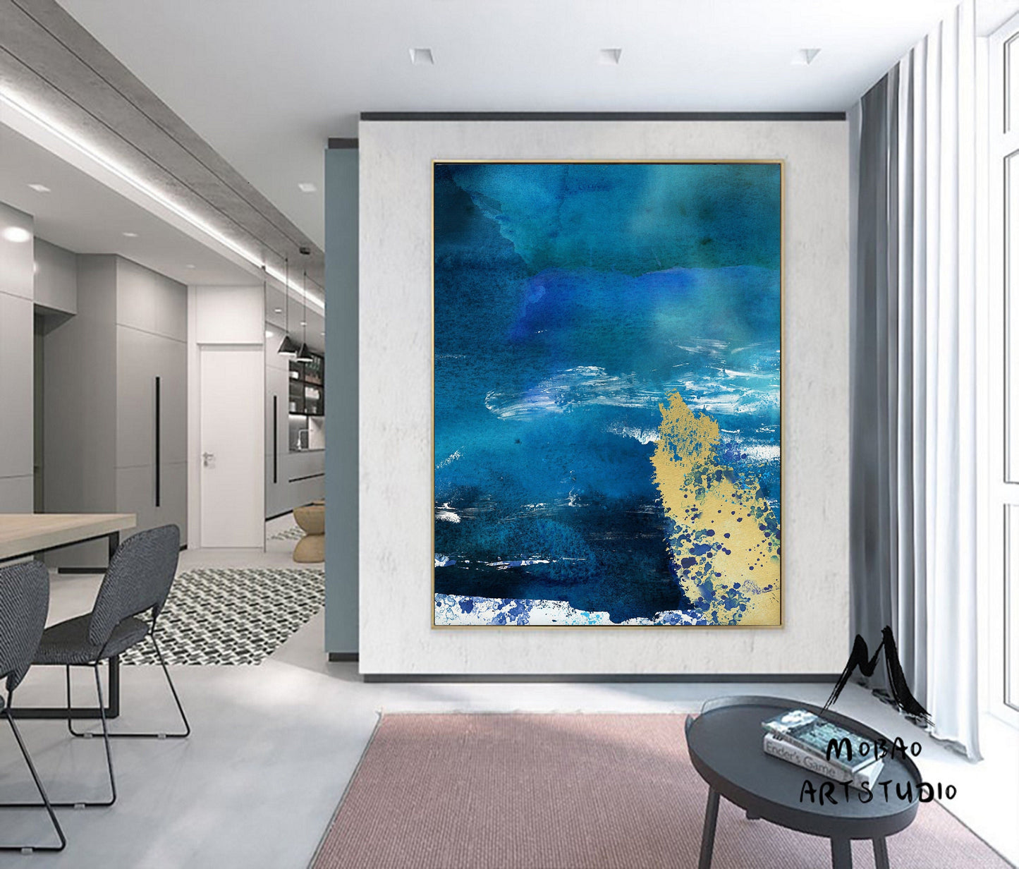 Large Blue Abstract Art Painting, Large Sky Sea Painting On Canvas, Blue Abstract Painting, Yellow Painting Artwork Original, Room Wall Art