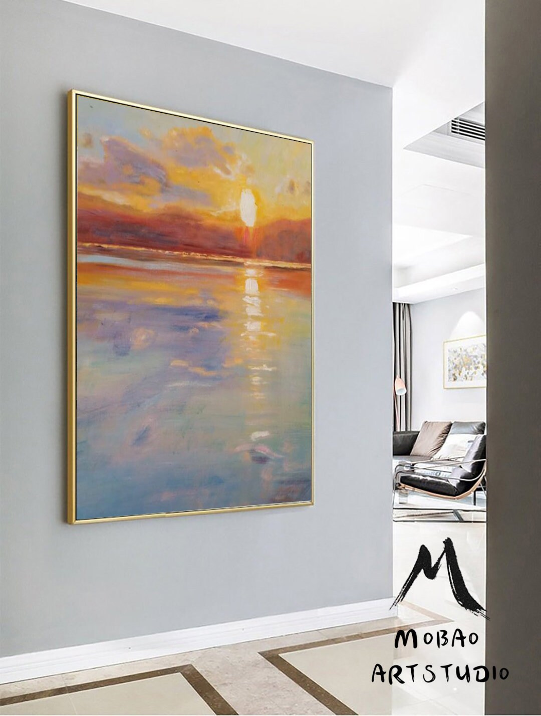 Large Sea Abstract Painting, Original Sunset Abstract Painting, Orange Abstract Painting, Large Wall Canvas Sea Painting,Canvas Abstract Art