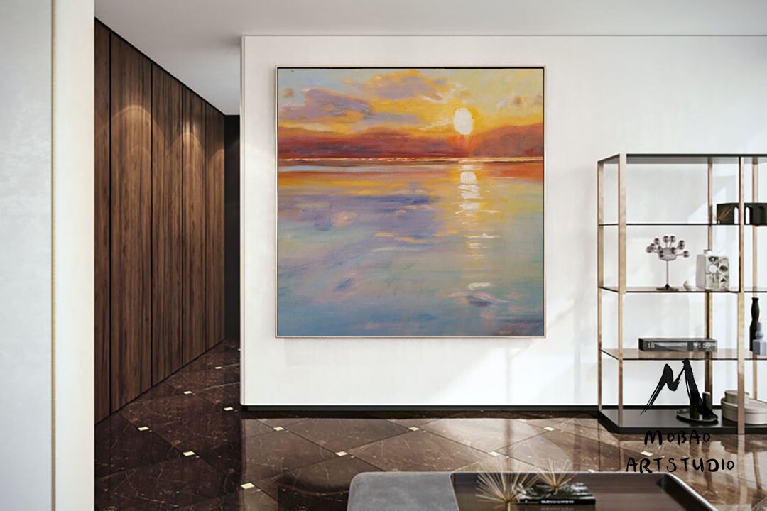 Large Sea Abstract Painting, Original Sunset Abstract Painting, Orange Abstract Painting, Large Wall Canvas Sea Painting,Canvas Abstract Art