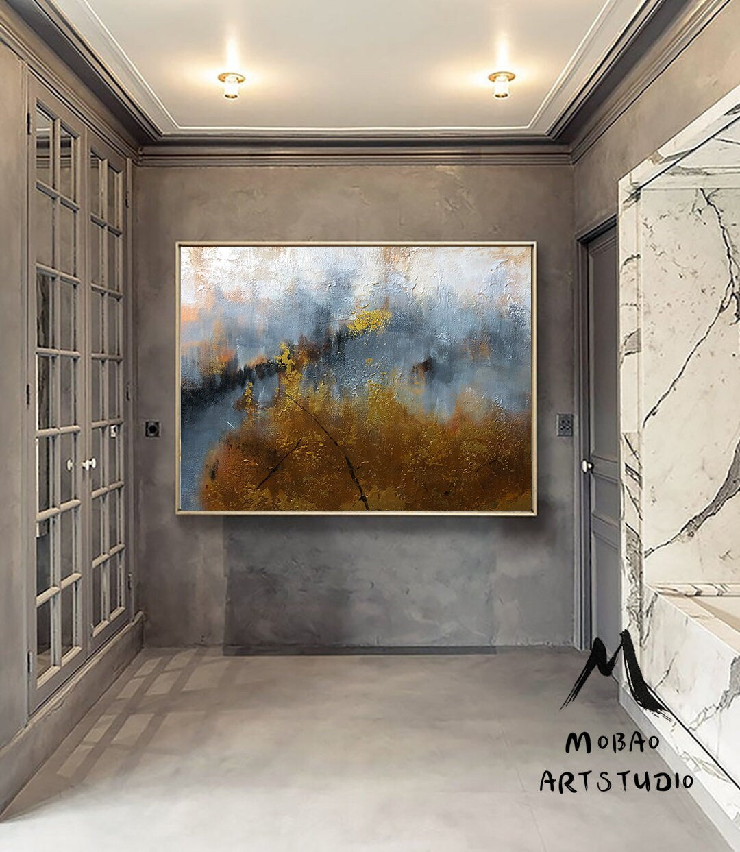 Large Abstract Painting, Large Gray Painting Gold Abstract Art Extra Large Painting on Canvas,Contemporary Art,Golden large texture painting