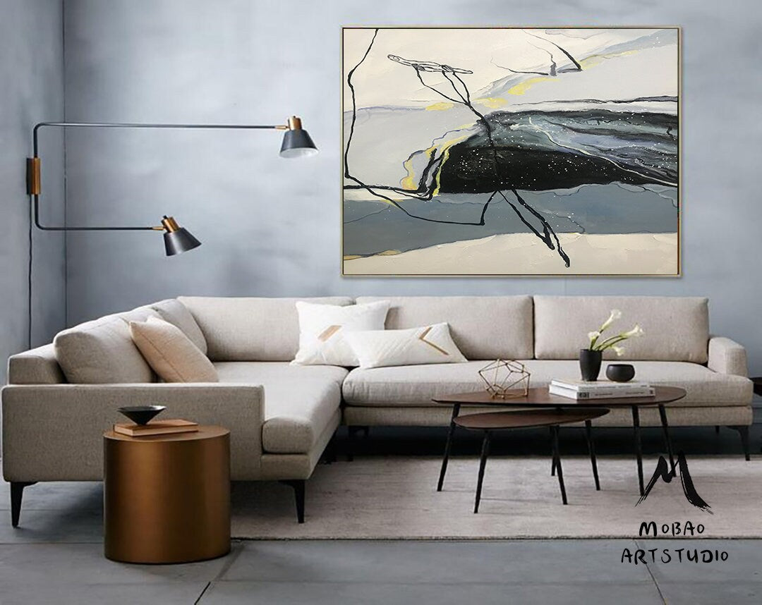 Large Abstract Painting,Original Black Painting Gray Painting, Minimalist Abstract Painting,Abstract Painting,Contemporary Art,Sofa wall art