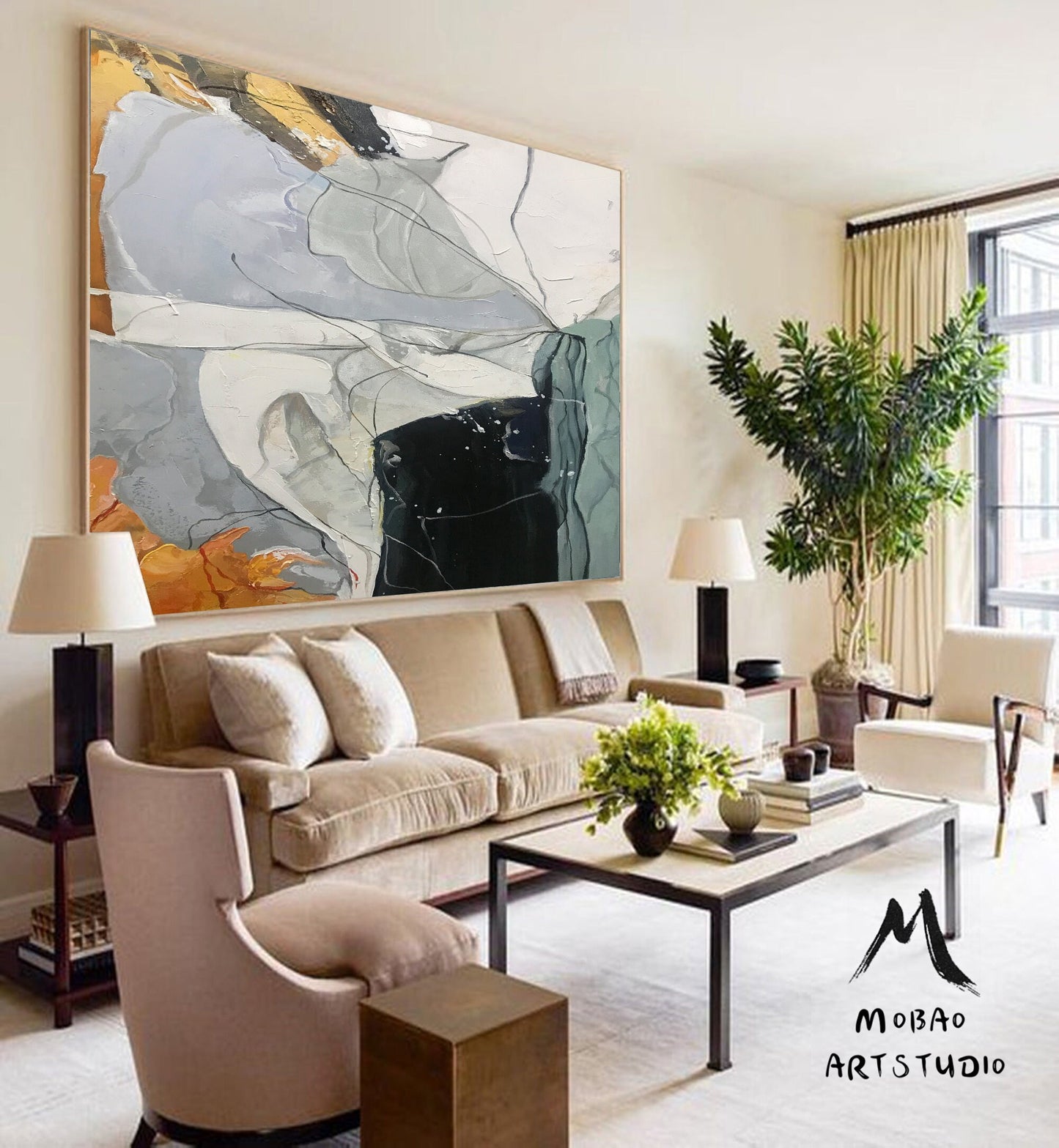Large Abstract Painting,Original Green Painting Gray Painting, Minimalist Abstract Painting,Abstract Painting,Contemporary Art,Sofa wall art