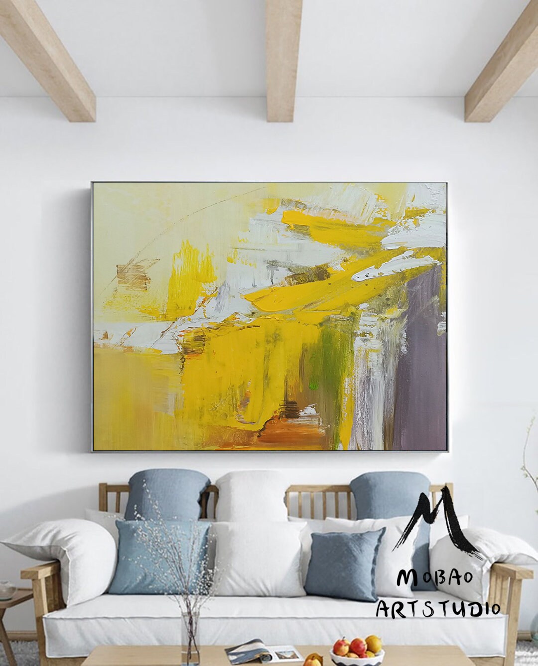 Large Original Yellow Textured Abstract Painting,White Abstract Art,Modern Handmade Abstract Painting,Contemporary Art,Office Wall Art