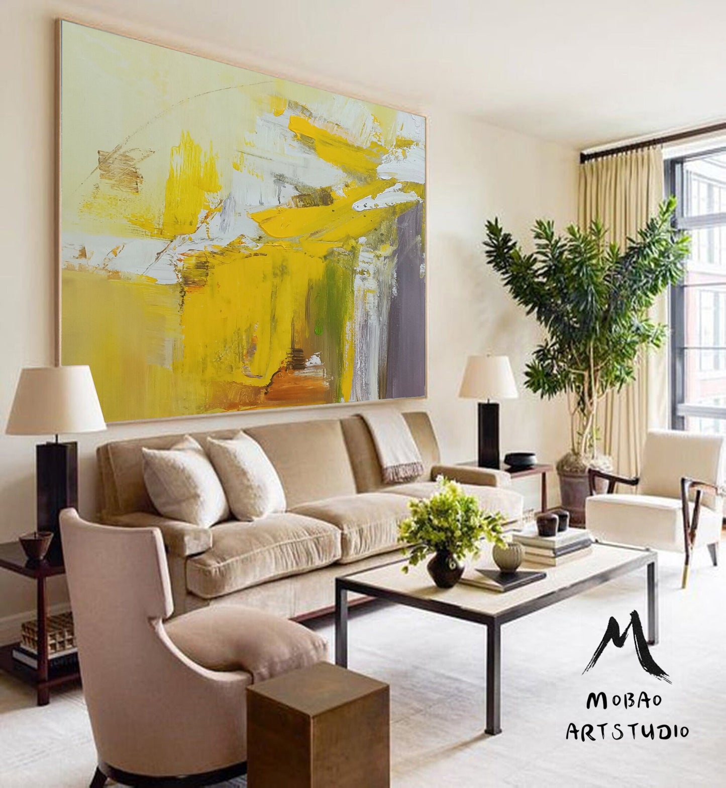 Large Original Yellow Textured Abstract Painting,White Abstract Art,Modern Handmade Abstract Painting,Contemporary Art,Office Wall Art