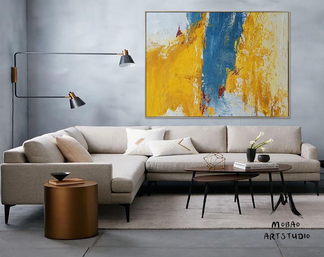 Large Wall Yellow Abstract Painting, Blue Abstract Painting, Textured Abstract Painting, Original Minimalist Style Painting,Contemporary Art