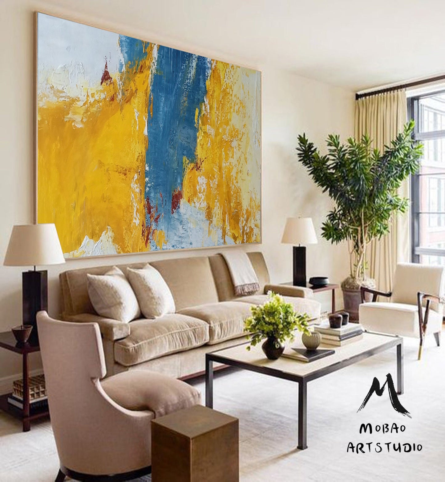 Large Wall Yellow Abstract Painting, Blue Abstract Painting, Textured Abstract Painting, Original Minimalist Style Painting,Contemporary Art