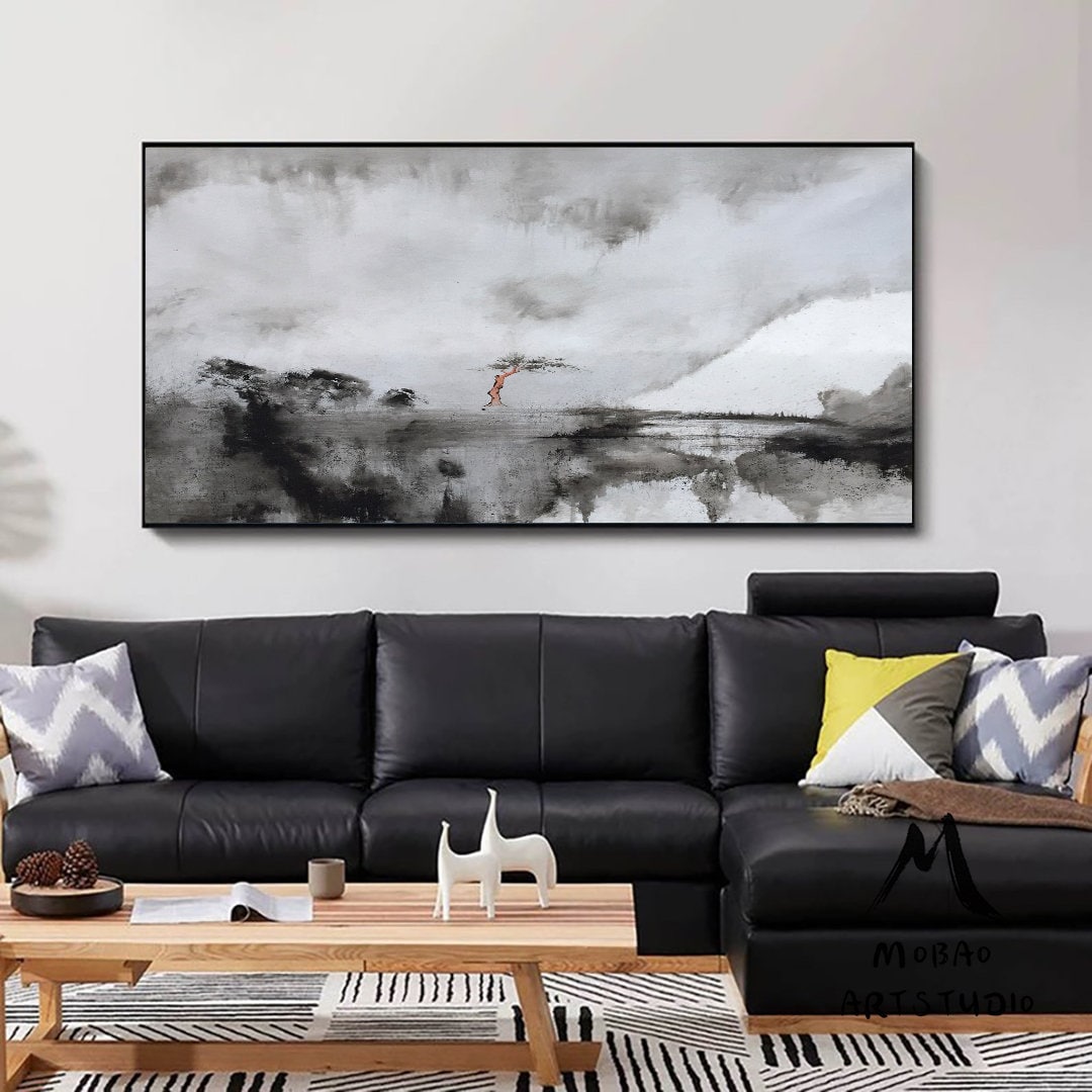 Large Rural Landscape Original Abstract Painting, Black White Abstract Painting, Large Canvas Painting,Minimalist Abstract, Contemporary art