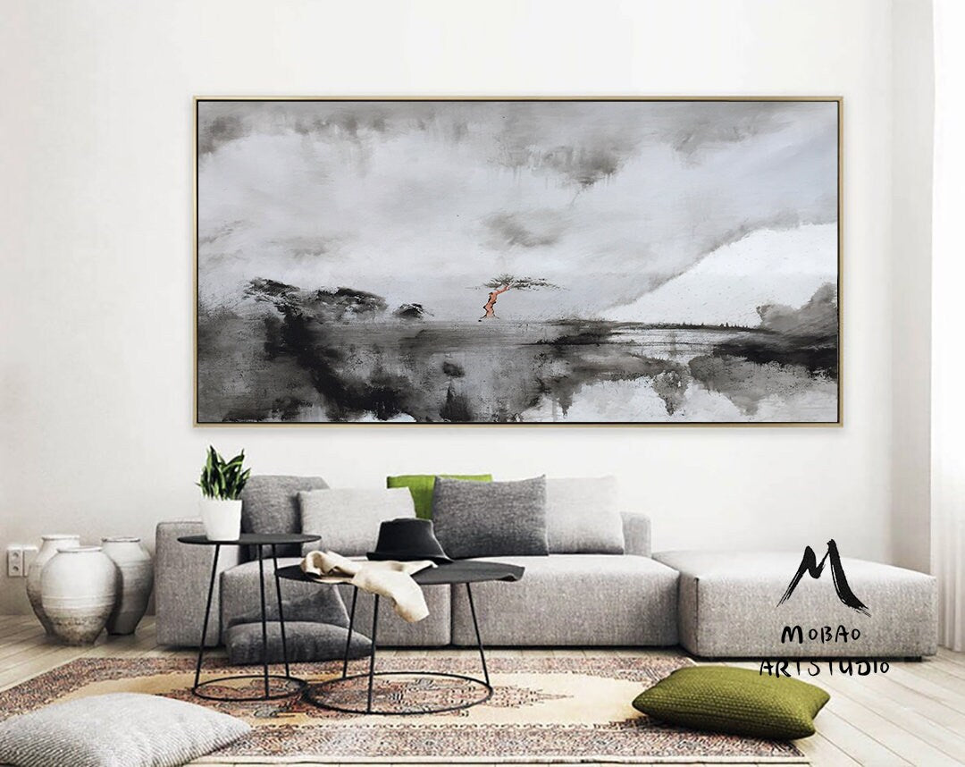 Large Rural Landscape Original Abstract Painting, Black White Abstract Painting, Large Canvas Painting,Minimalist Abstract, Contemporary art