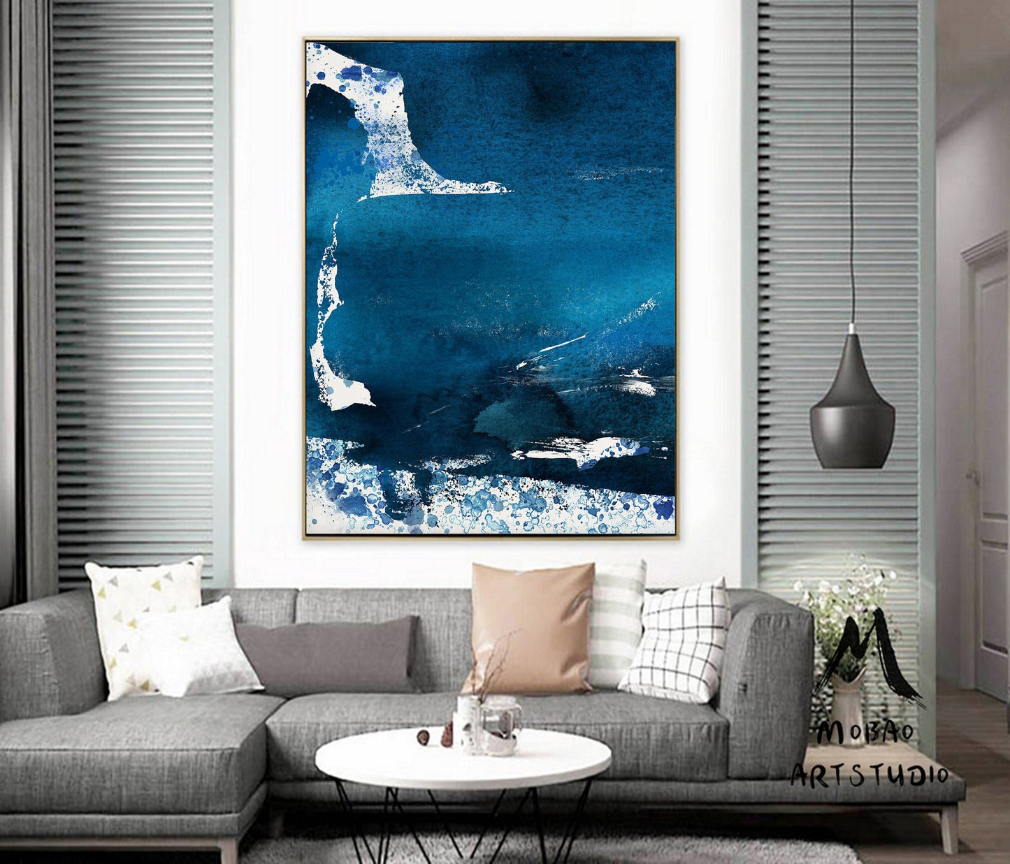 Large Blue Abstract Painting, White Painting Ocean Painting, Contemporary Art, Large Abstract Painting, Original Canvas Living Room Wall Art