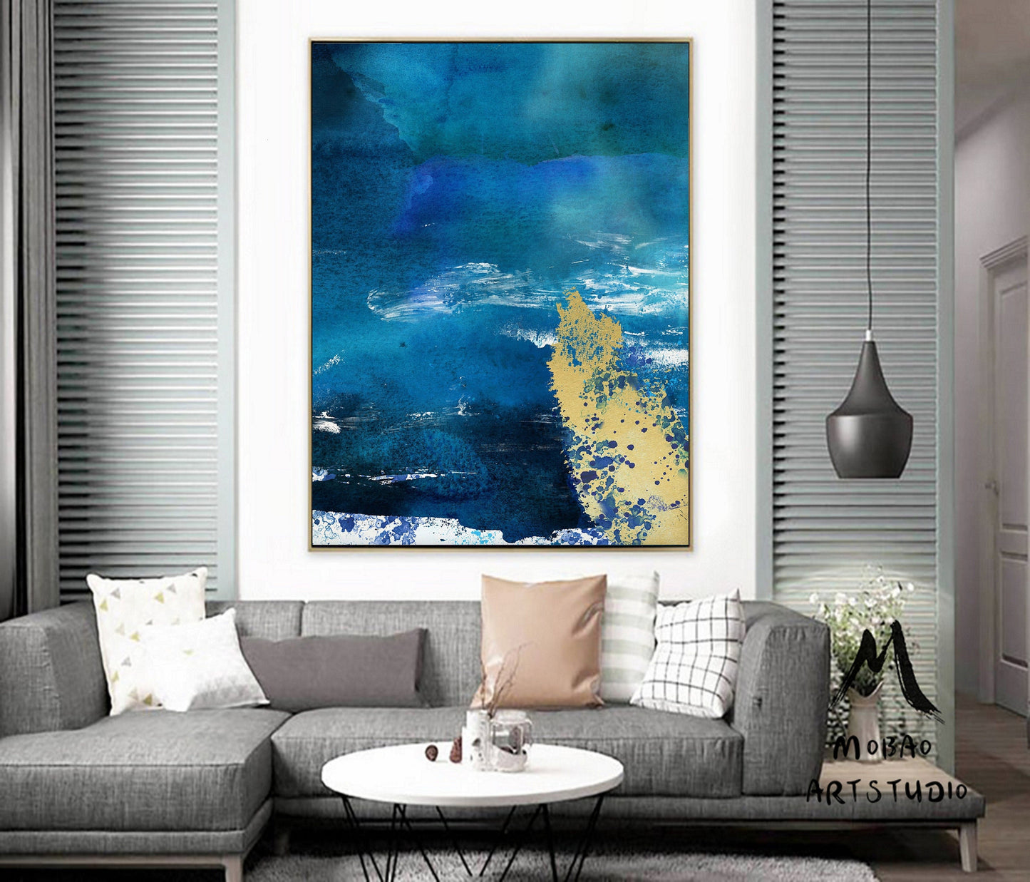 Large Blue Abstract Art Painting, Large Sky Sea Painting On Canvas, Blue Abstract Painting, Yellow Painting Artwork Original, Room Wall Art
