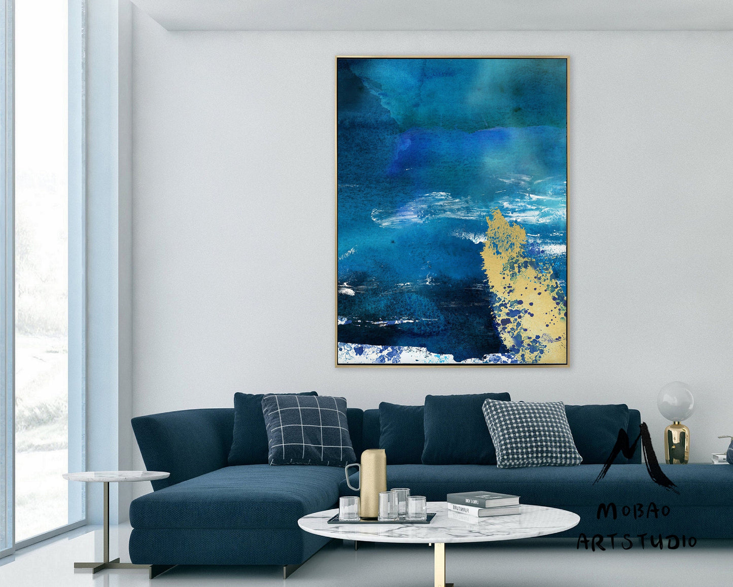 Large Blue Abstract Art Painting, Large Sky Sea Painting On Canvas, Blue Abstract Painting, Yellow Painting Artwork Original, Room Wall Art