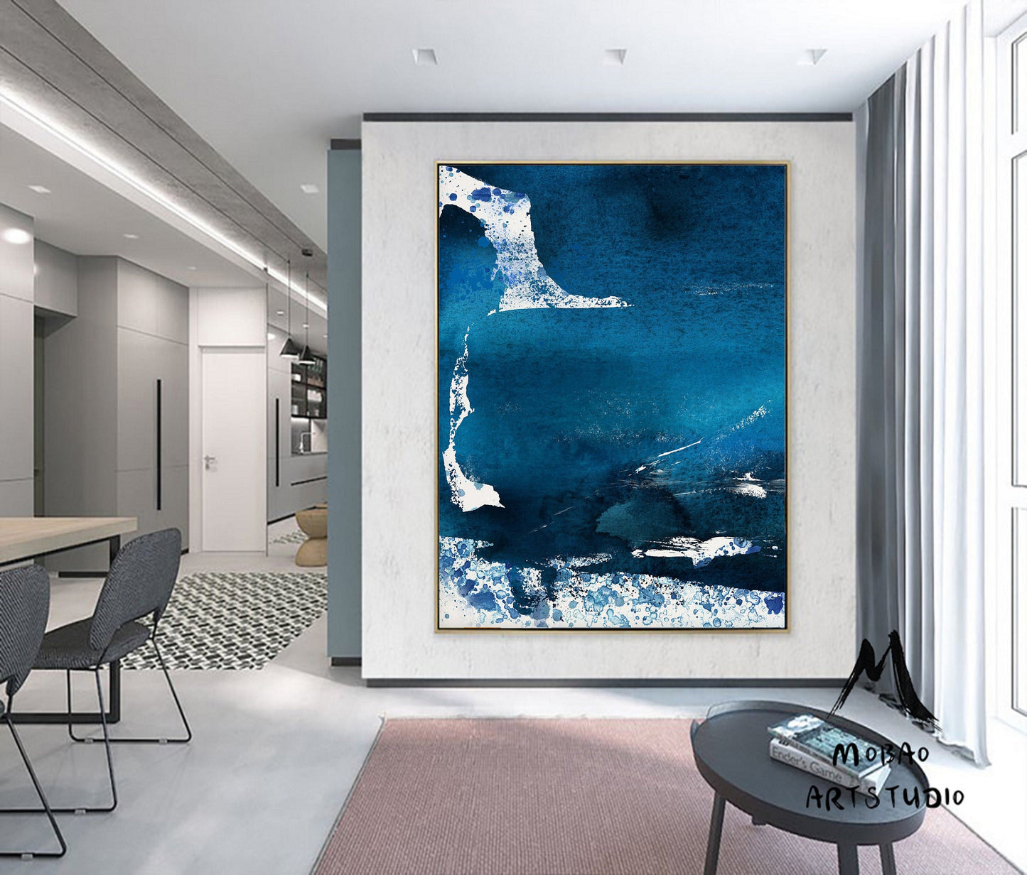 Large Blue Abstract Painting, White Painting Ocean Painting, Contemporary Art, Large Abstract Painting, Original Canvas Living Room Wall Art