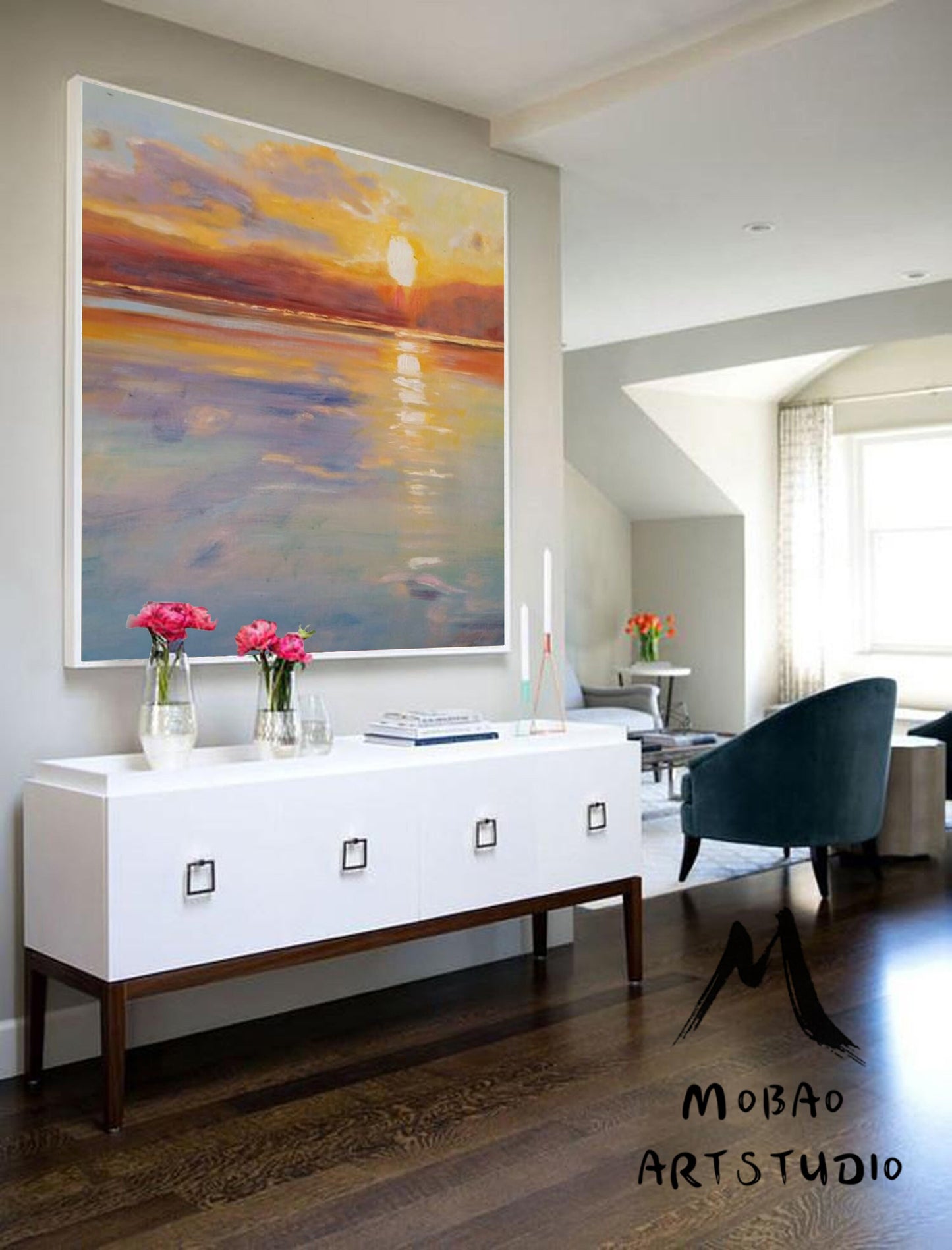 Large Sea Abstract Painting, Original Sunset Abstract Painting, Orange Abstract Painting, Large Wall Canvas Sea Painting,Canvas Abstract Art