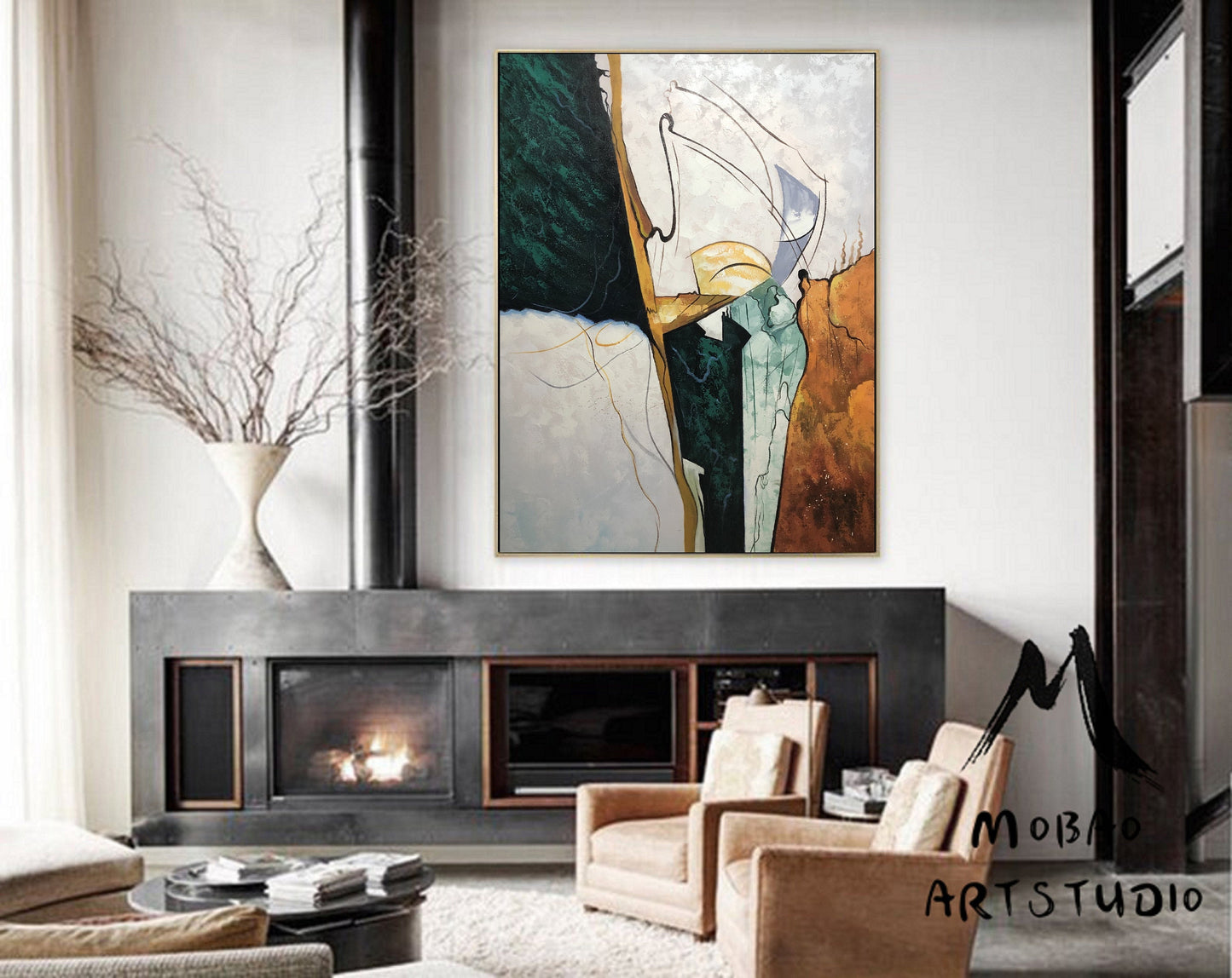 Large Abstract Painting, Green Emerald Painting Gold Painting Original Minimalist Abstract Painting,Large Wall Canvas Painting Sofa Wall Art