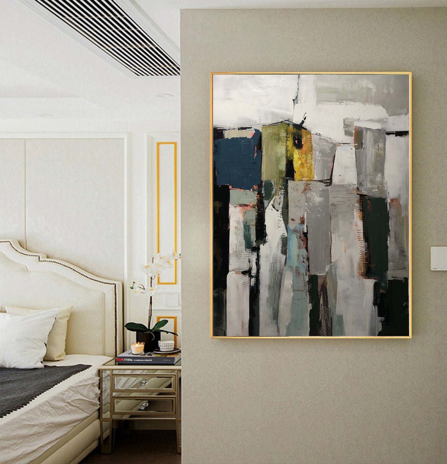 Original Abstract Painting, Gray White Painting,Green Abstract Painting, Minimalist Painting, Large Wall Canvas Painting, Contemporary Art