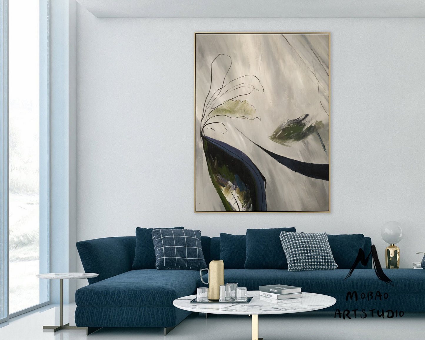 Large Minimalist Art Painting,Gray White Painting,Large Wall Canvas Painting, Original Abstract Painting,Emerald Green Abstract Painting